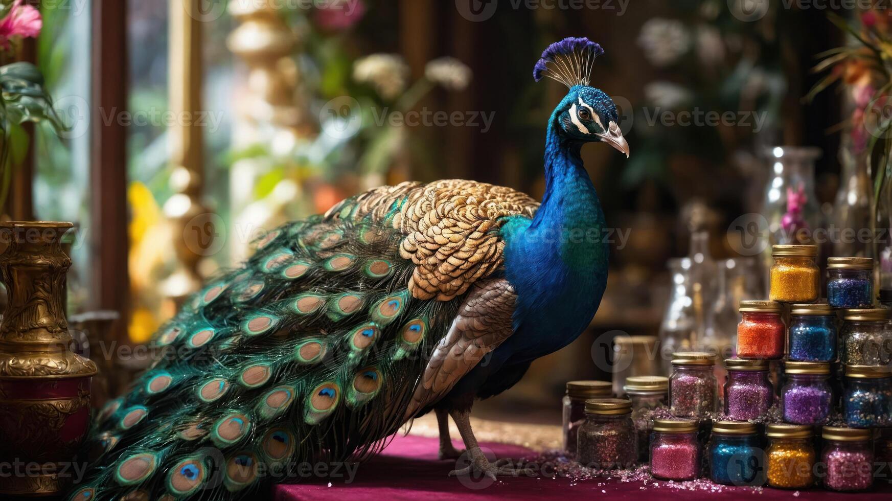 A vibrant peacock stands near colorful jars, showcasing beauty and cultural elements. photo