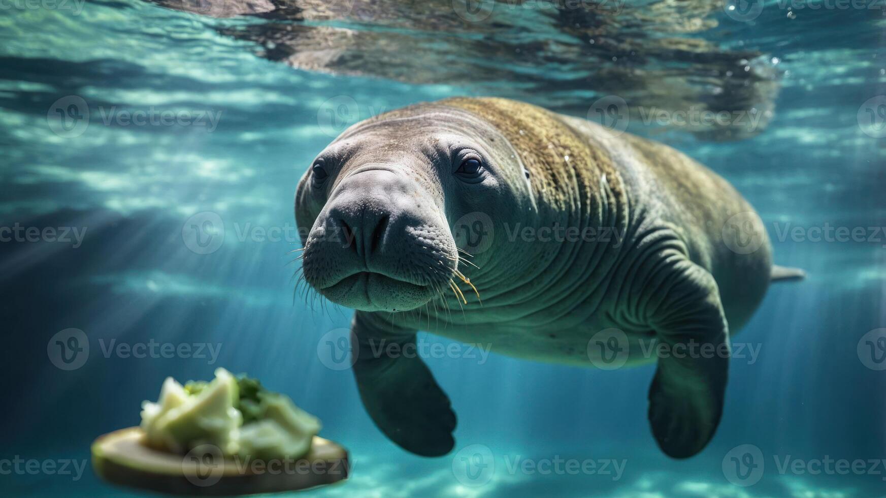 A manatee swimming underwater, curiously approaching a plate of food. photo