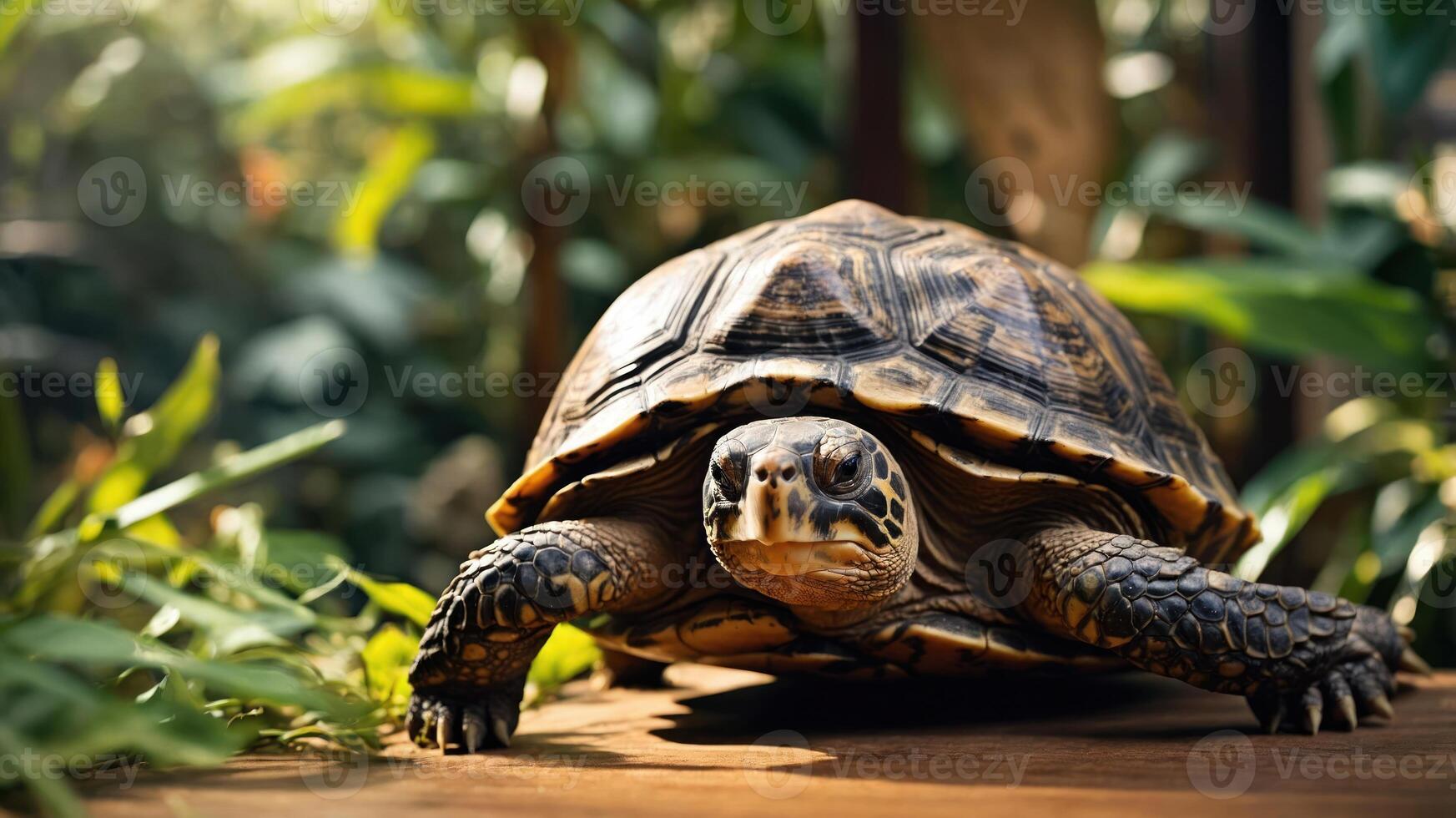 A close-up of a tortoise in a lush, green environment. photo