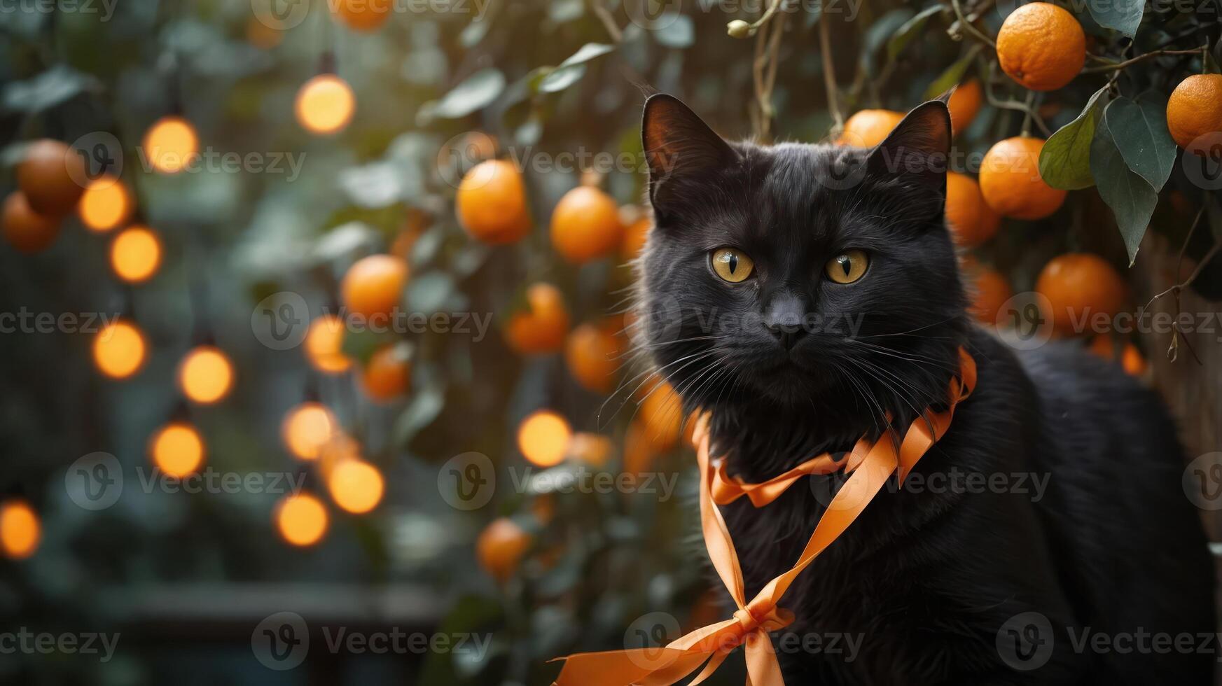 A black cat with yellow eyes sits among orange trees adorned with glowing lights. photo