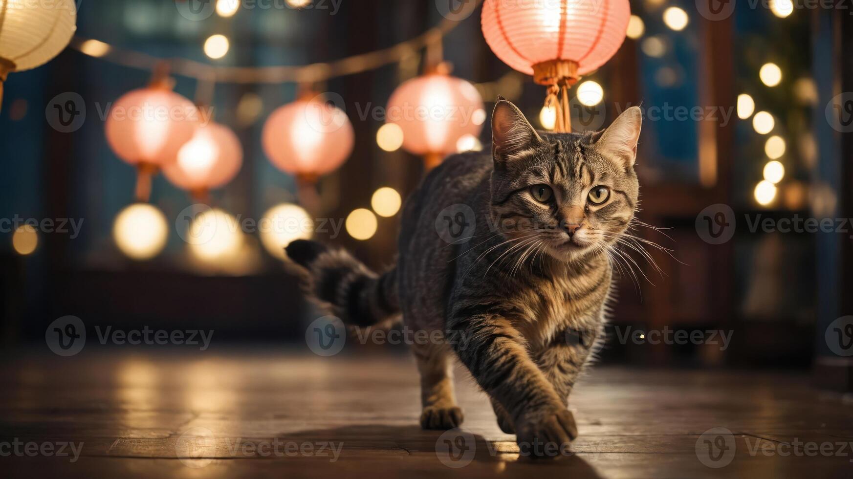 A tabby cat walking through a softly lit space adorned with colorful lanterns. photo