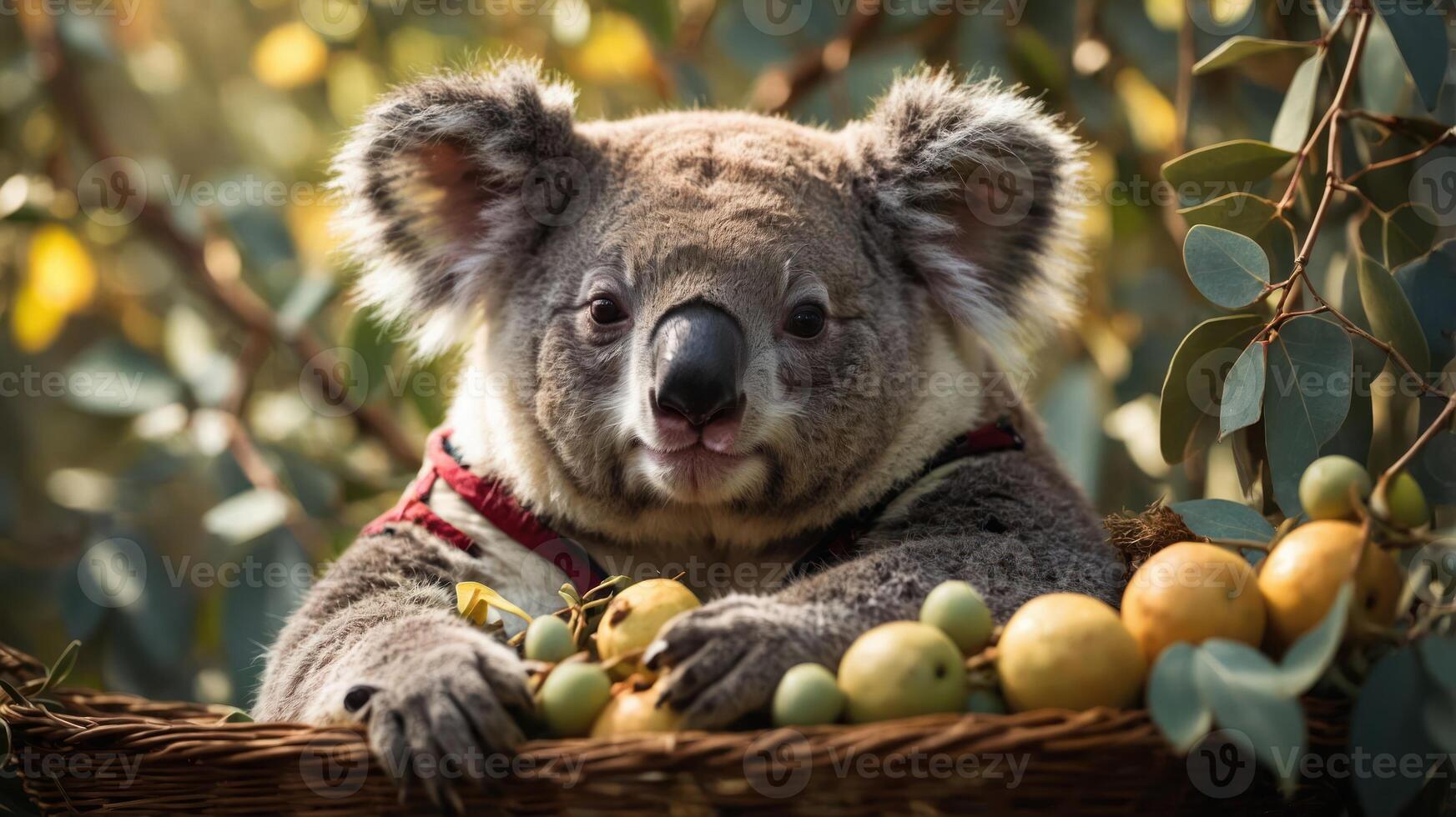 A koala resting in a basket filled with fruits, surrounded by greenery. photo