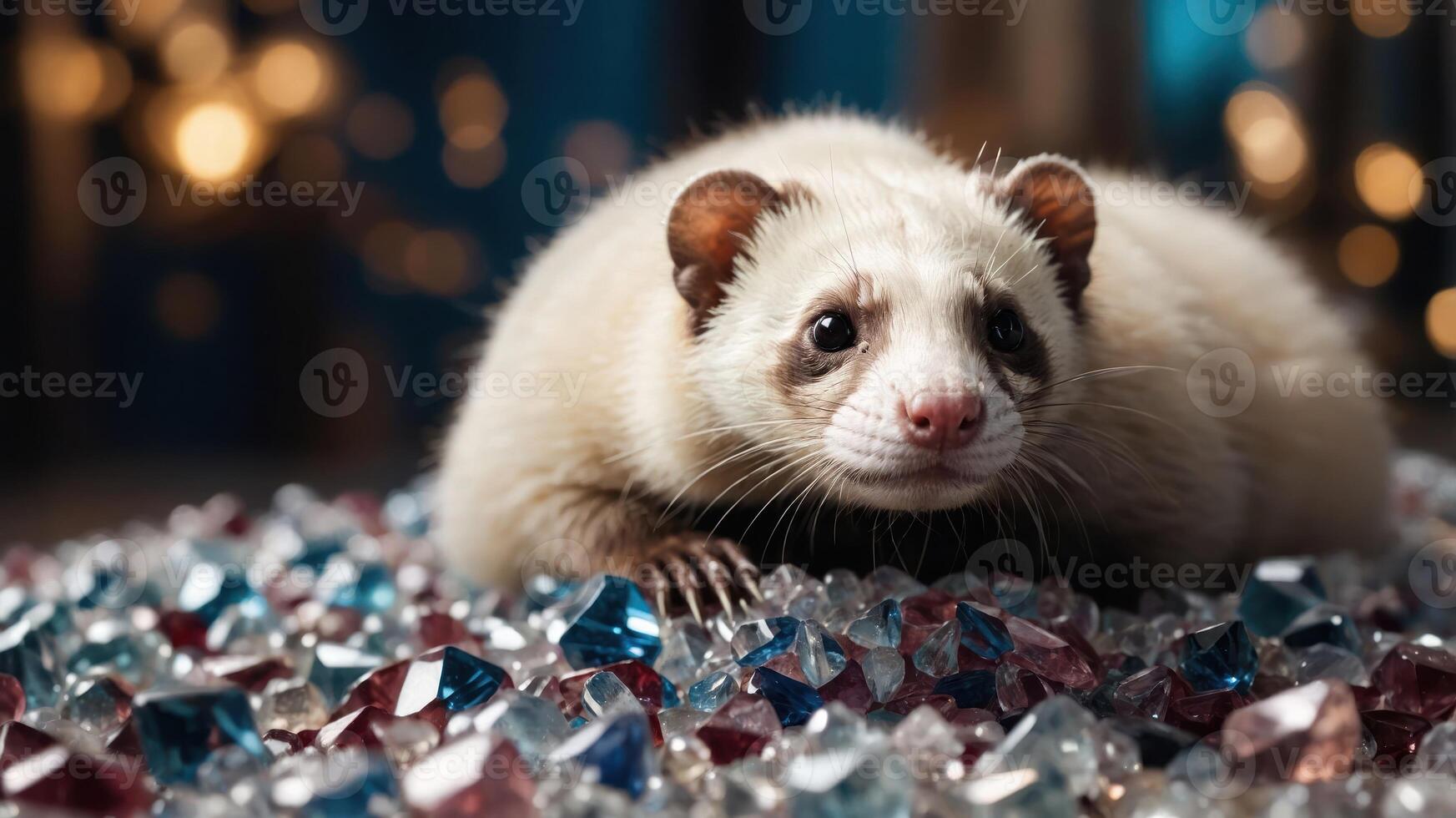 A ferret resting on colorful gemstones, creating a whimsical and playful scene. photo