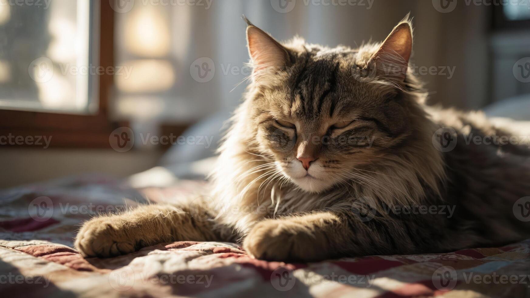 A serene cat resting peacefully on a quilted bedspread in soft, warm light. photo