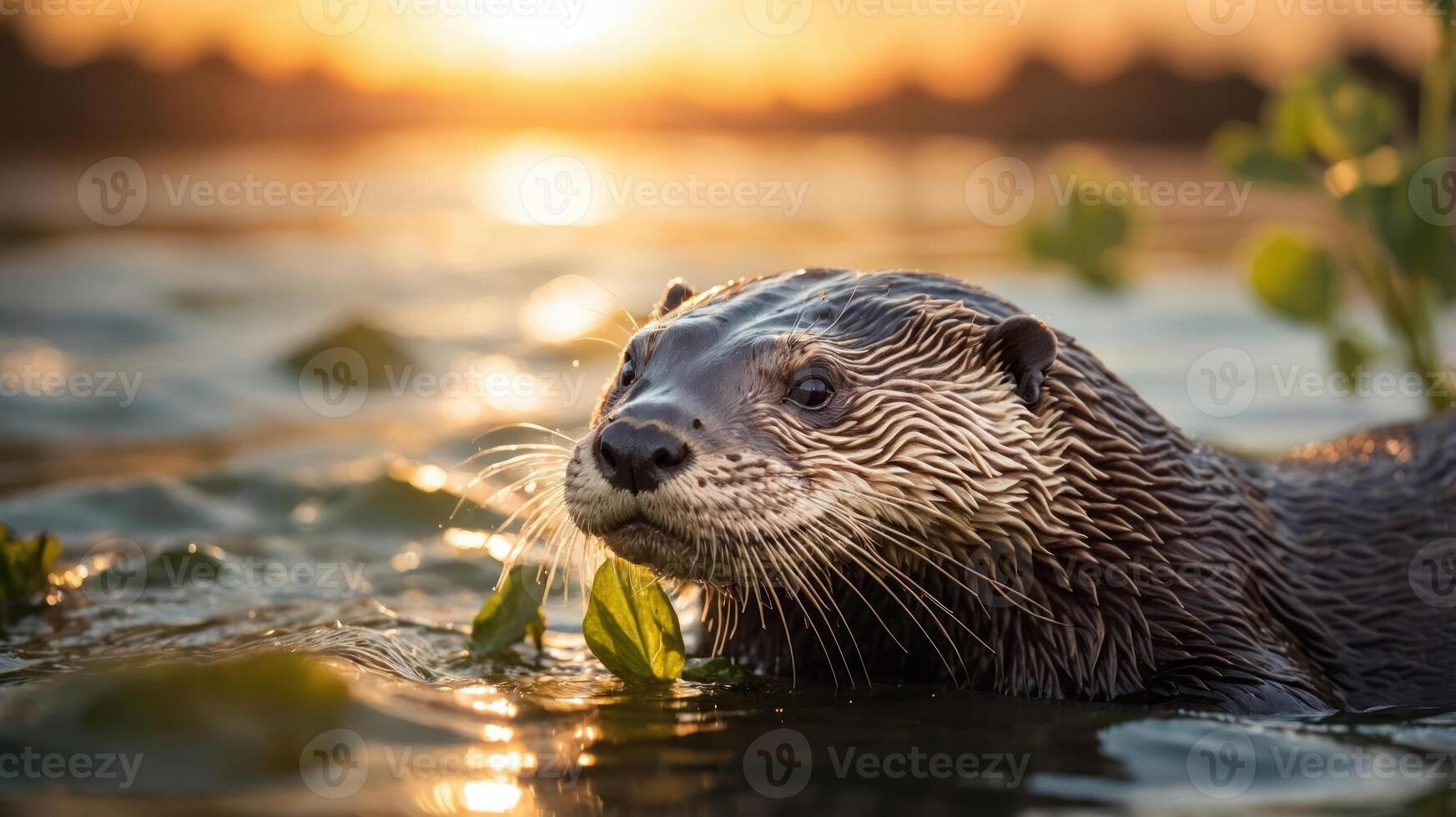 A serene otter swimming in a sunlit body of water surrounded by greenery. photo