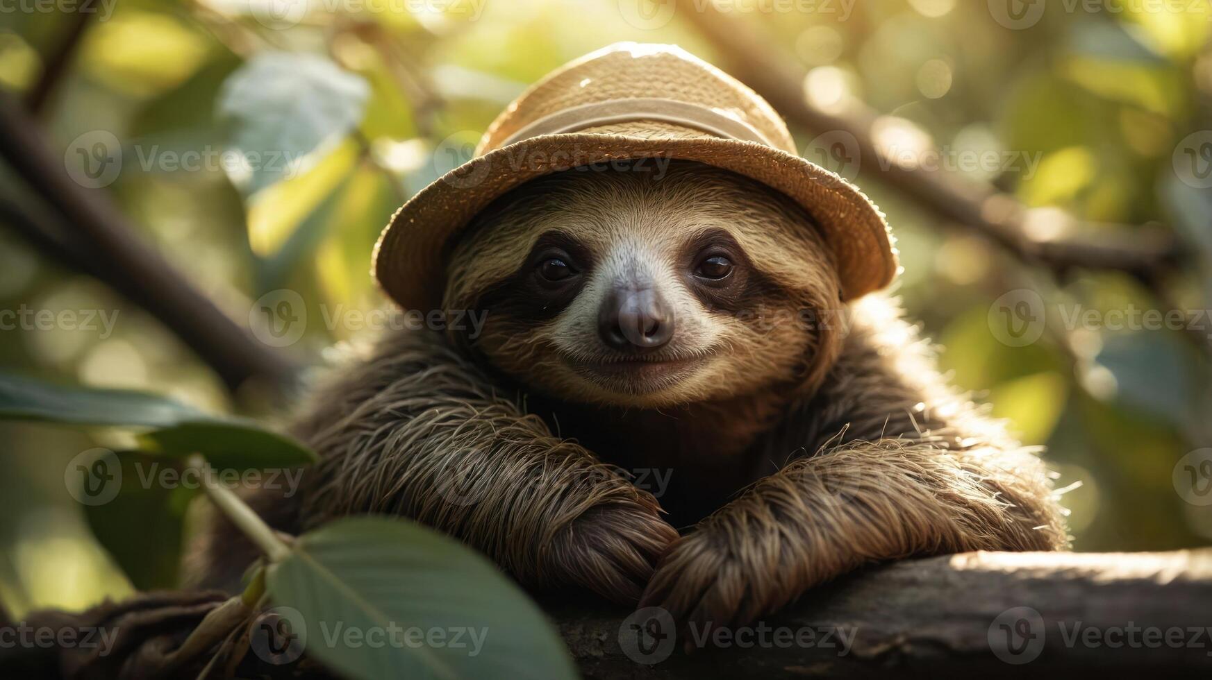 A cheerful sloth wearing a straw hat, resting on a branch amidst lush greenery. photo