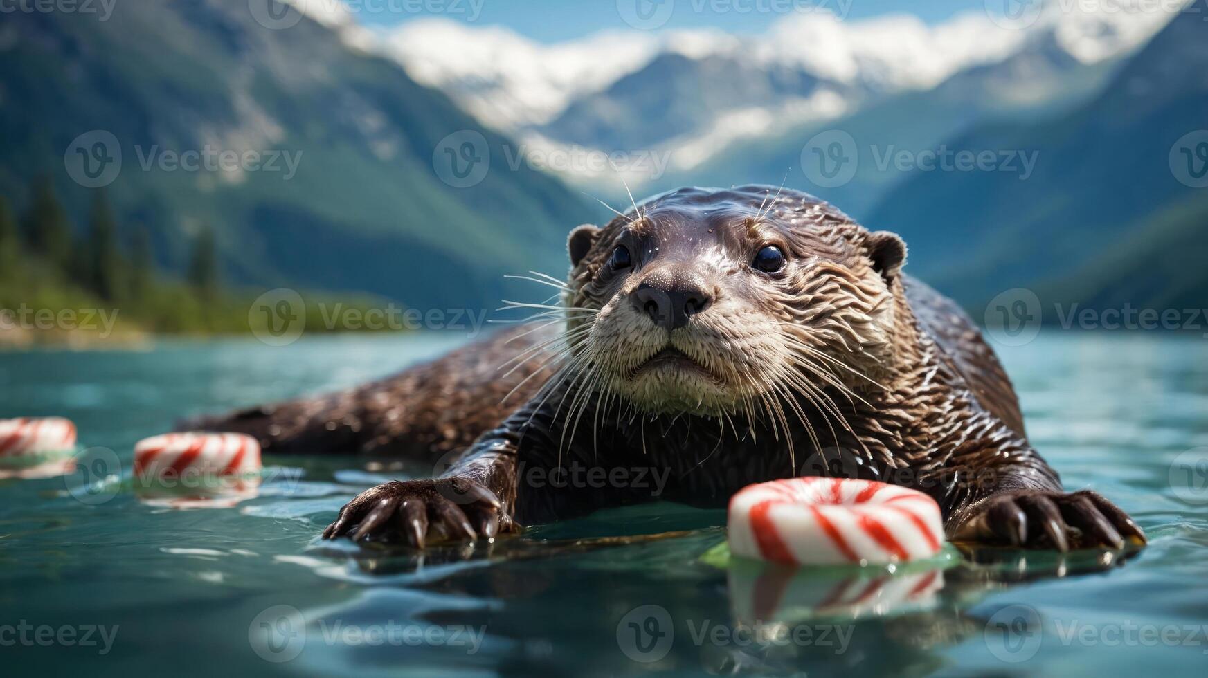 An otter floats in a serene lake, surrounded by mountains and peppermint candies. photo