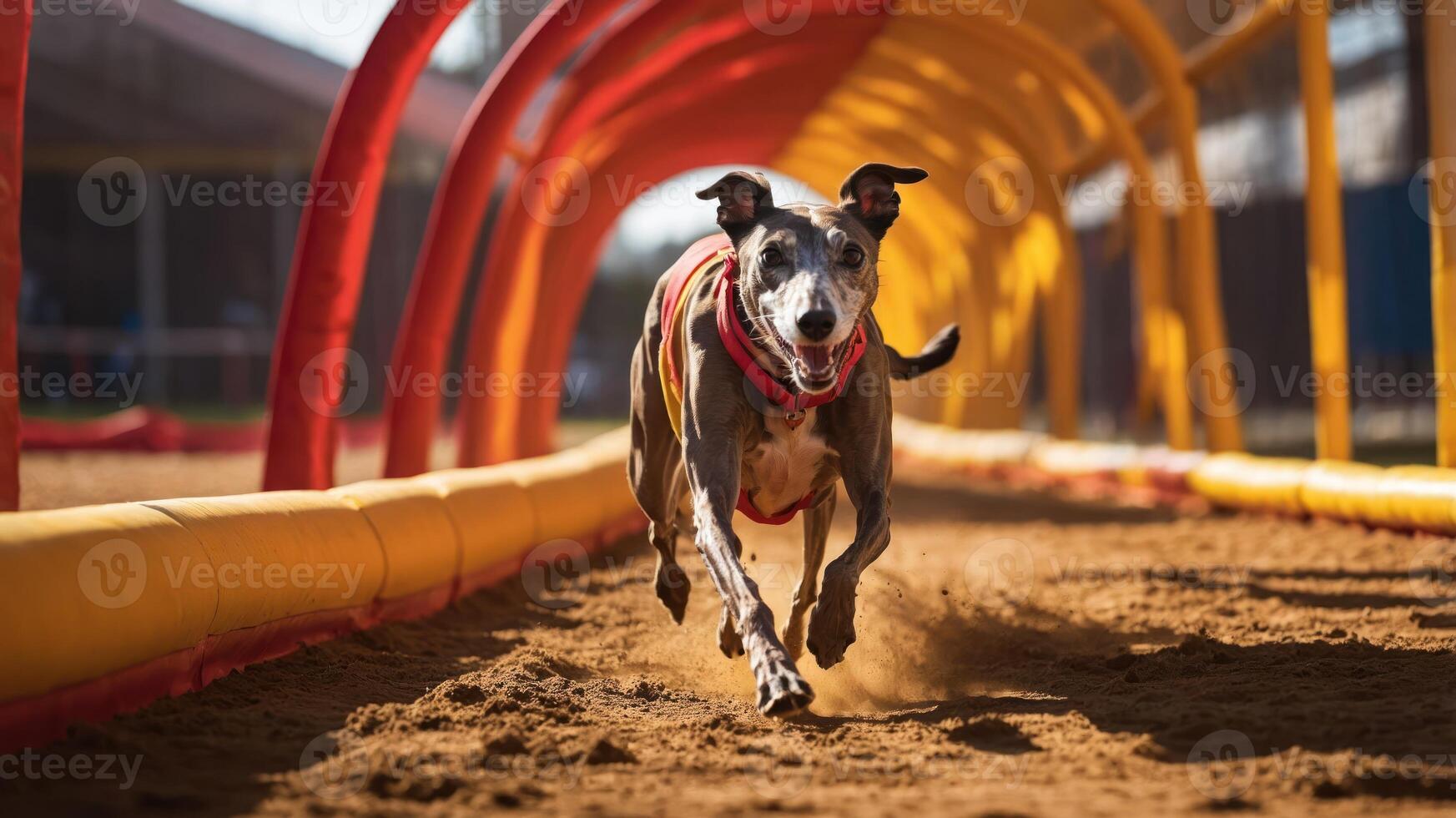 A greyhound runs energetically through a colorful tunnel at a racing track. photo