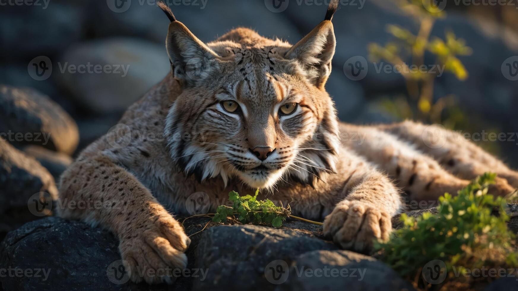 A lynx resting on rocks in a natural setting, showcasing its striking features and fur. photo