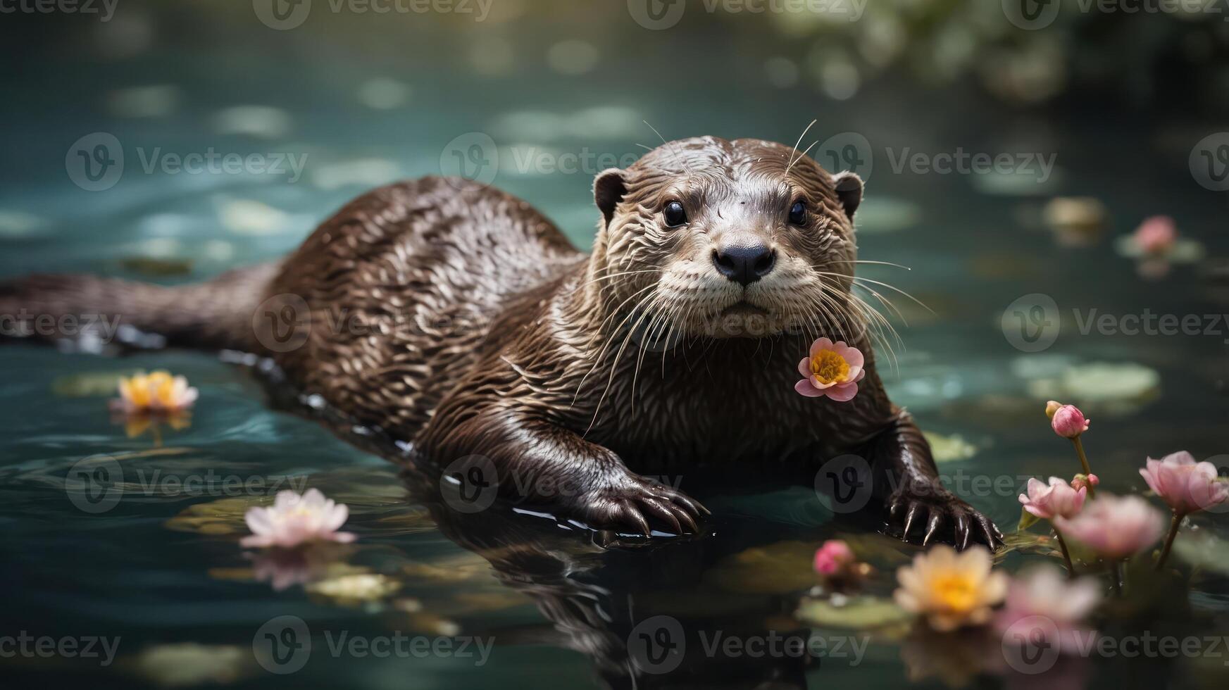 An otter swims among water lilies, creating a serene and picturesque natural scene. photo