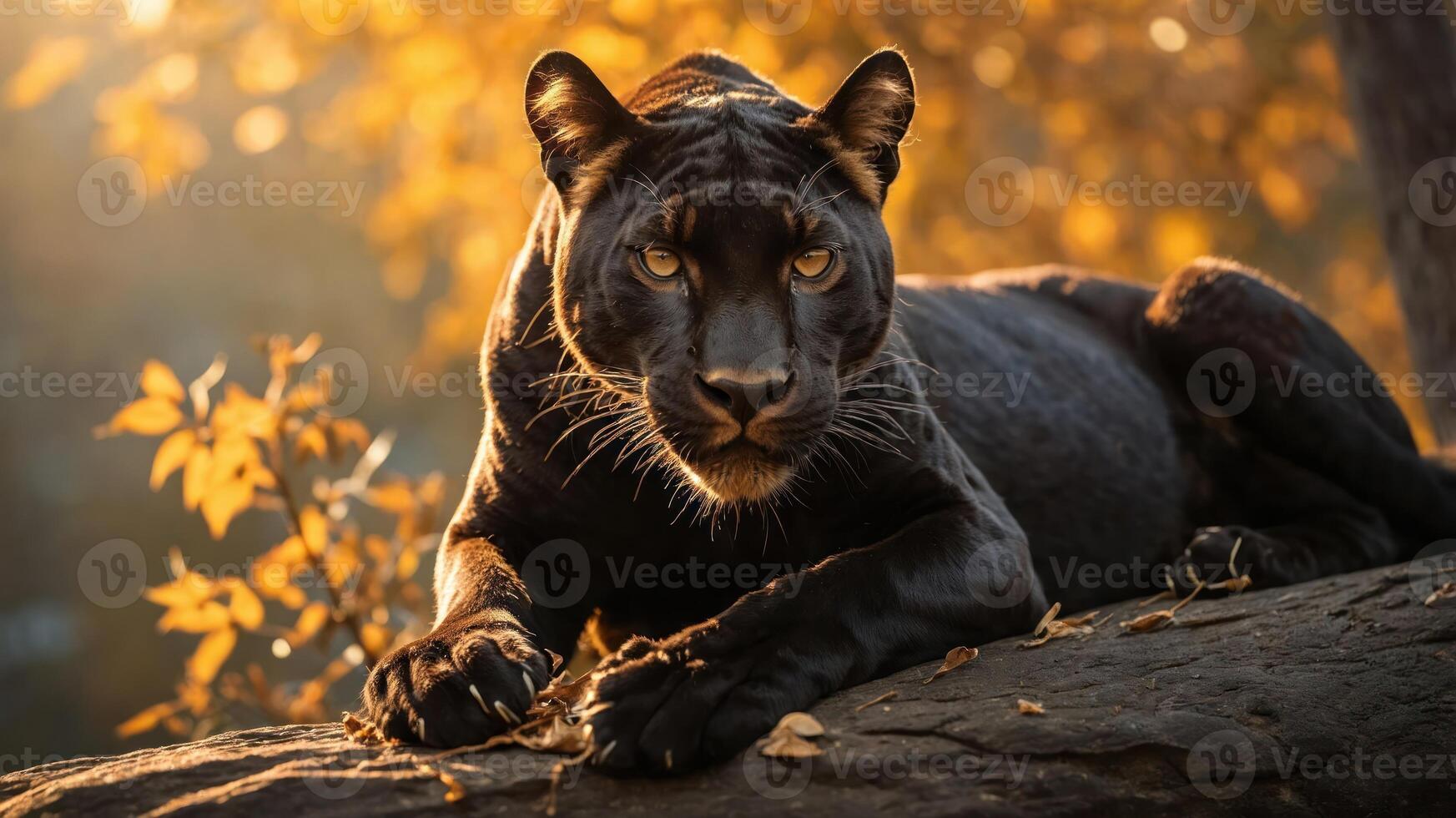 A majestic black panther resting on a rock amidst autumn foliage. photo