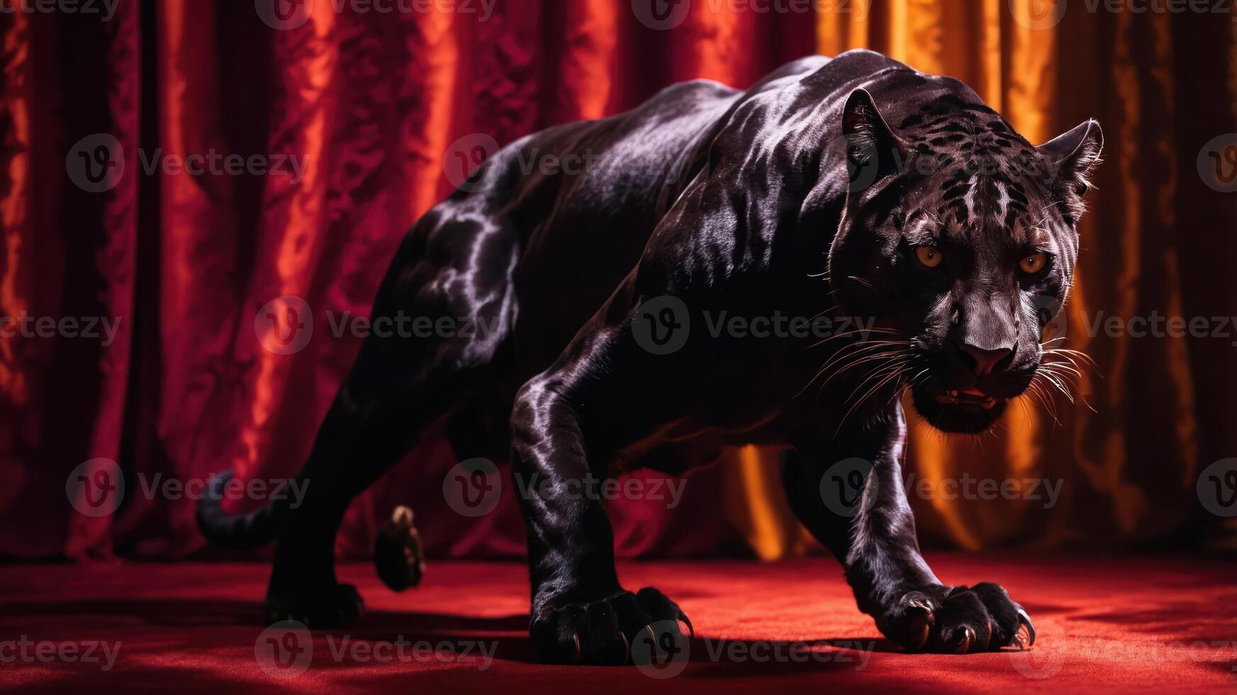 A powerful black panther poised on a red carpet, surrounded by rich, draped fabric. photo