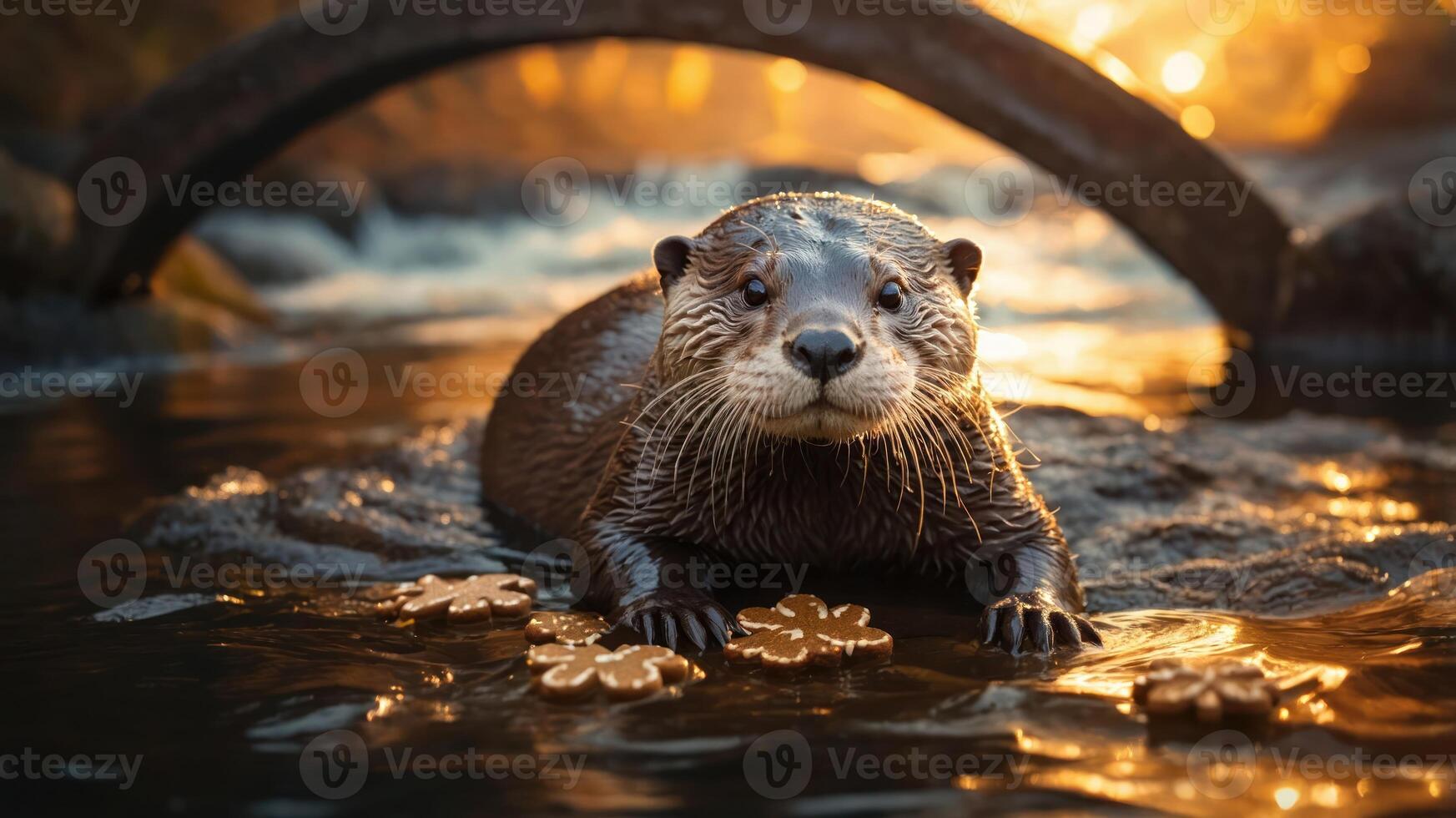 A playful otter emerges from water, surrounded by rocks and leaves, illuminated by warm light. photo