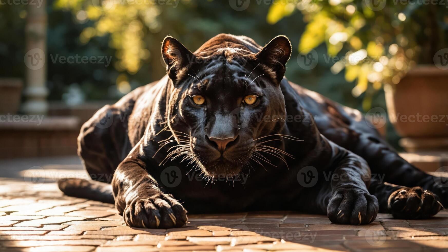 A close-up of a black panther resting on a sunlit patio surrounded by greenery. photo