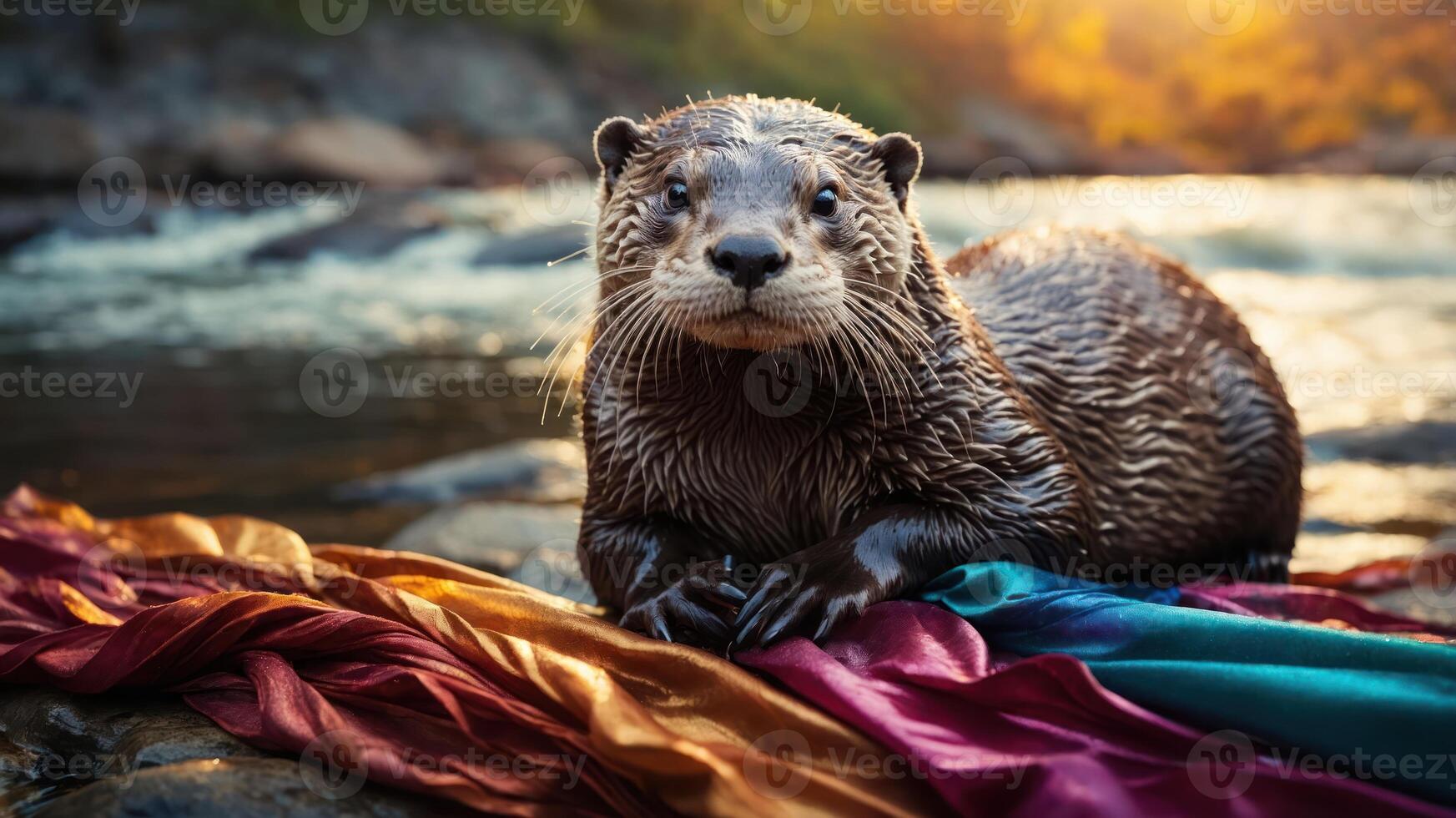 An otter resting on colorful fabrics by a river during sunset. photo