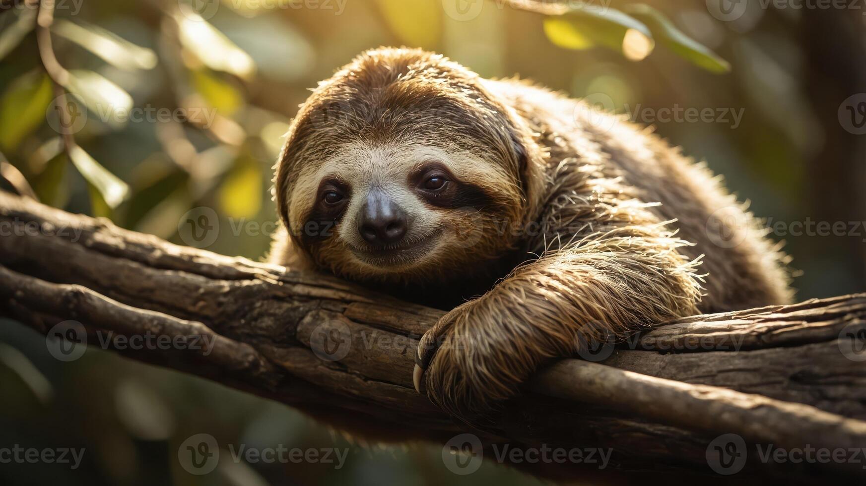 A sloth resting on a branch, showcasing its relaxed demeanor in a natural setting. photo