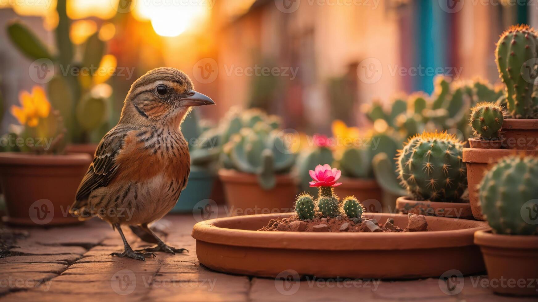 A bird near potted cacti and a blooming flower at sunset. photo