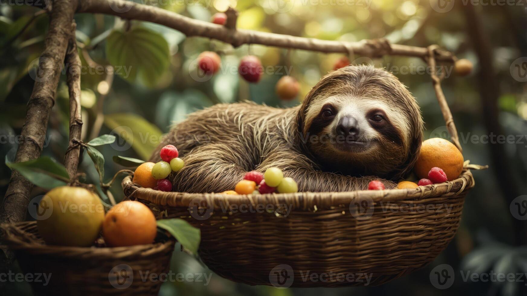 A sloth resting in a basket surrounded by colorful fruits in a lush, green environment. photo