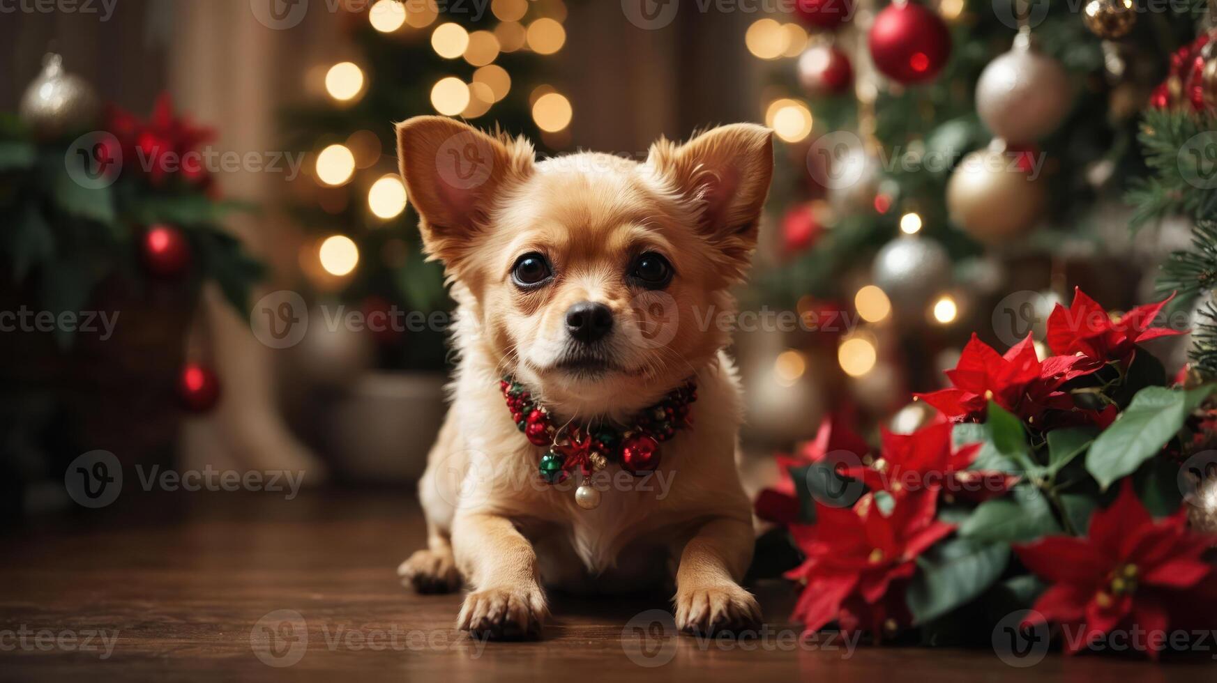 A festive Chihuahua with a collar sits near a decorated Christmas tree and poinsettias. photo