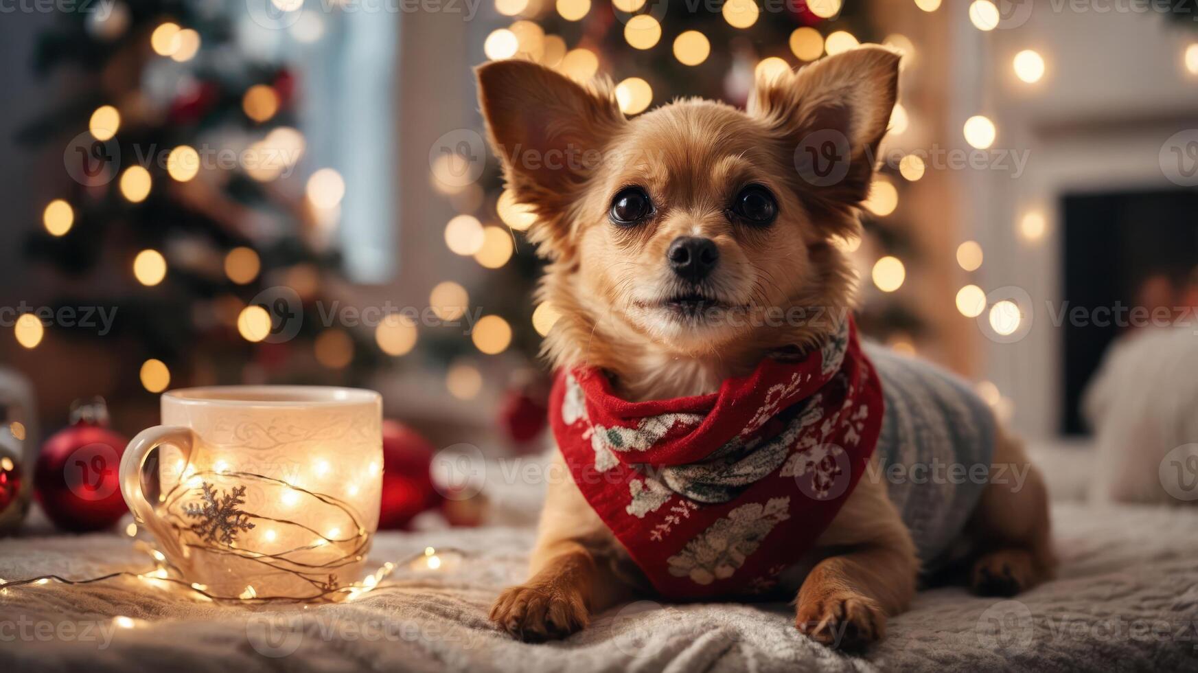 A cozy dog sits by a festive setting with Christmas lights and a cup. photo