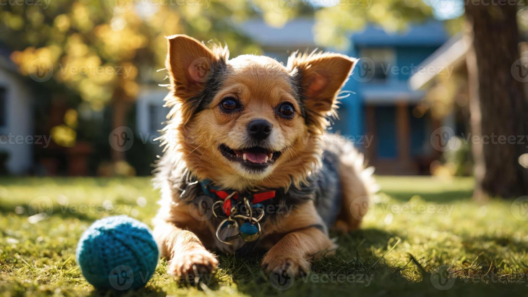 A happy dog lying on grass with a blue ball in a sunny backyard setting. photo