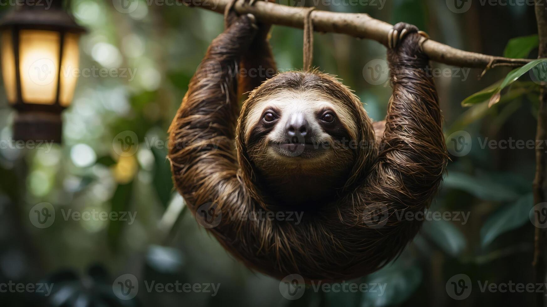 A sloth hanging from a branch in a lush, green environment, showcasing its unique features. photo