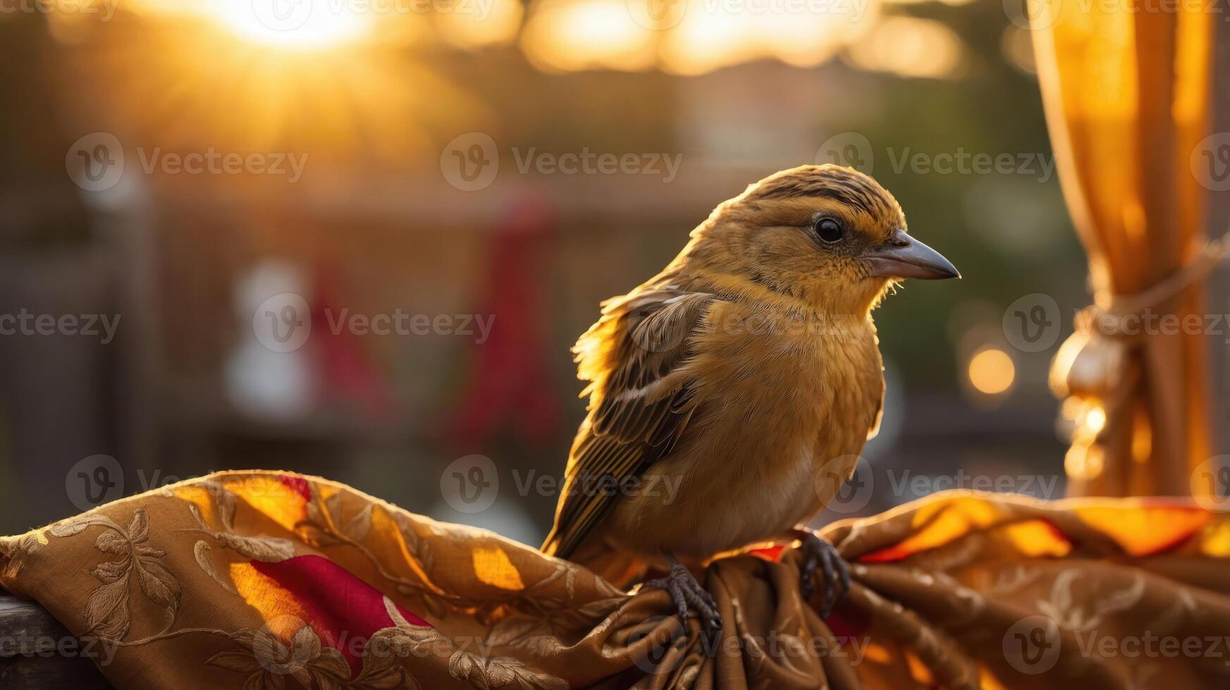 A bird perched on a decorative fabric, illuminated by warm sunlight during sunset. photo