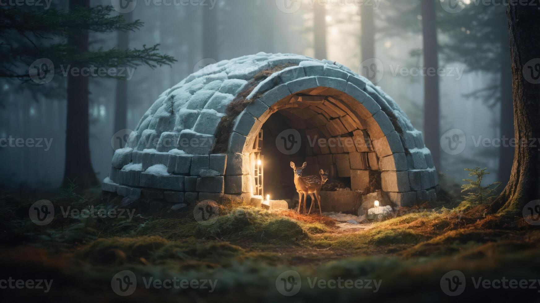 A serene forest scene featuring an igloo-like structure with a deer nearby. photo