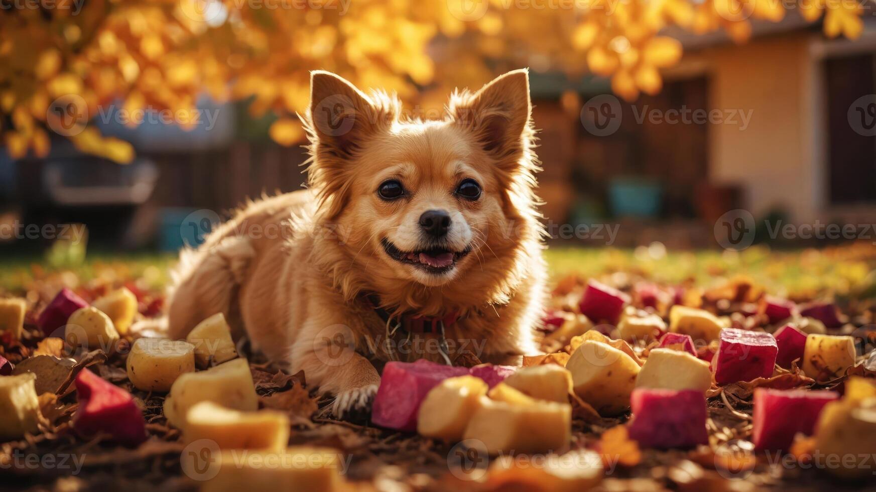 A cheerful dog resting among colorful treats in a vibrant autumn setting. photo