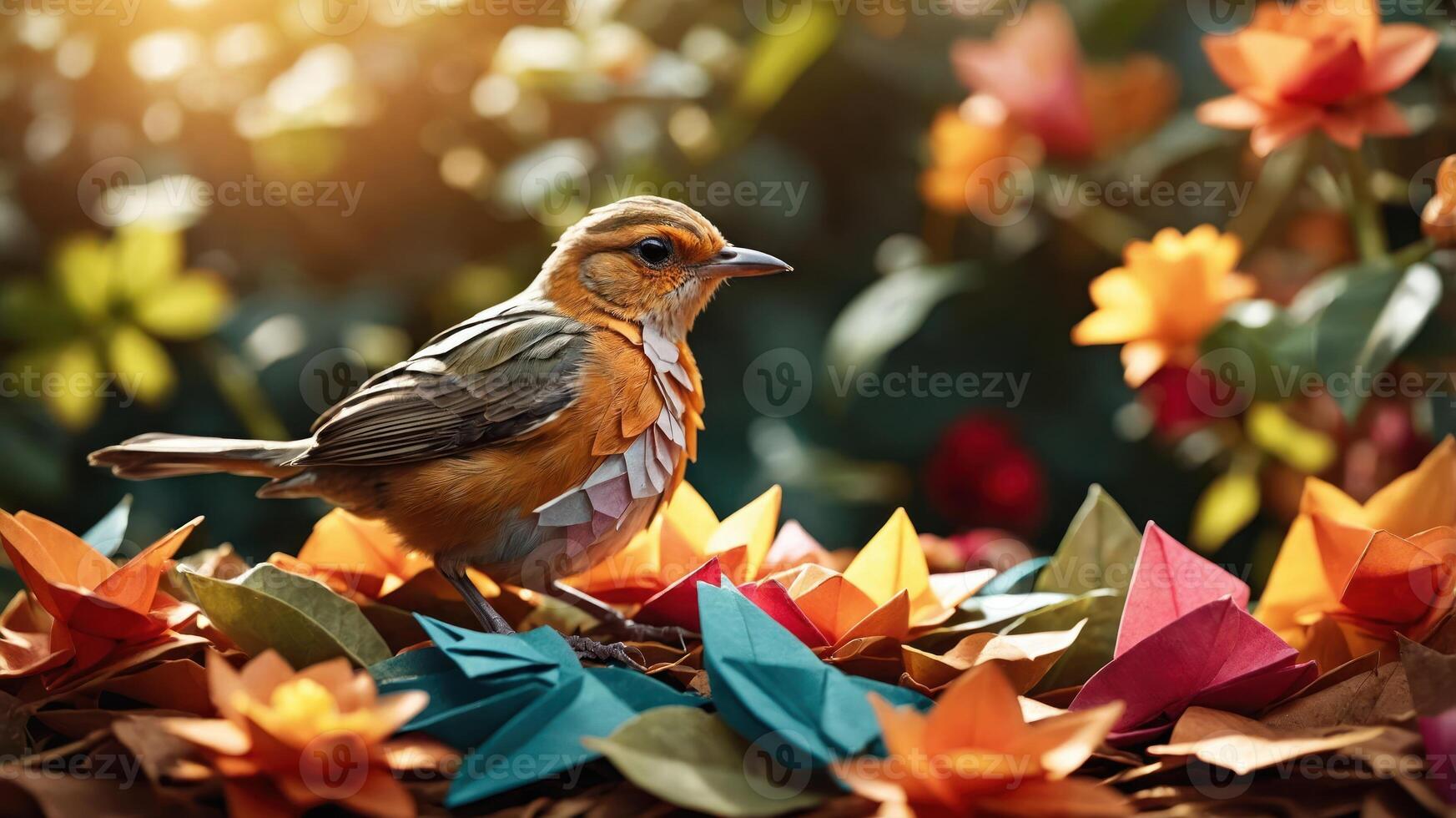 A colorful bird perched among vibrant paper flowers in a serene outdoor setting. photo