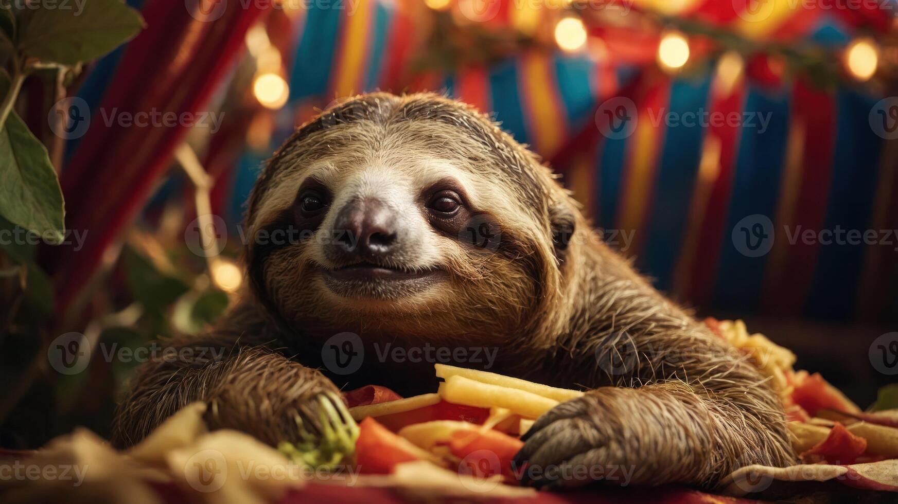 A sloth lounging on colorful food, exuding a relaxed vibe in a festive setting. photo