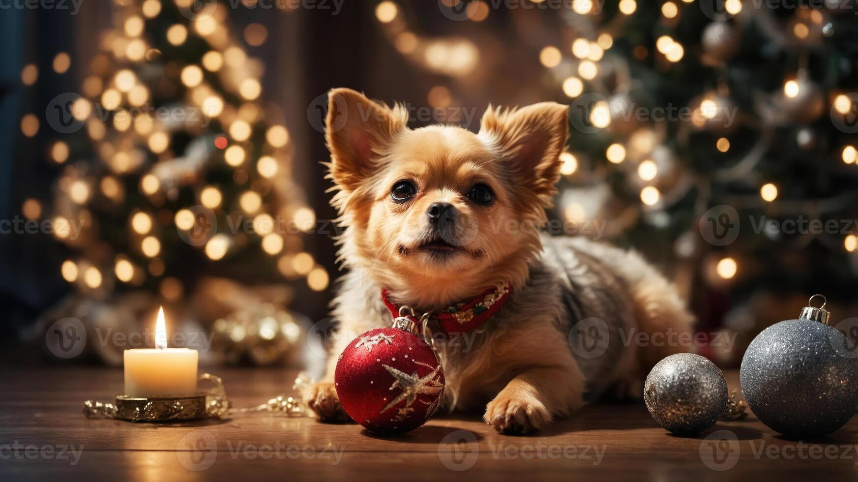 A festive dog poses with ornaments and candles near decorated Christmas trees. photo