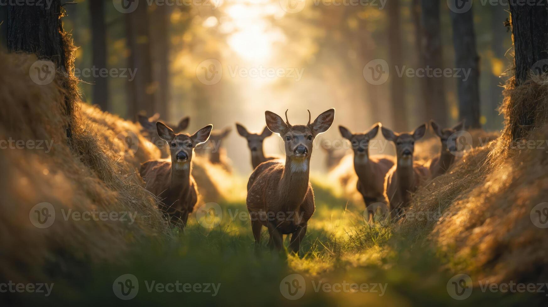 A serene scene of deer in a sunlit forest path, creating a tranquil atmosphere. photo