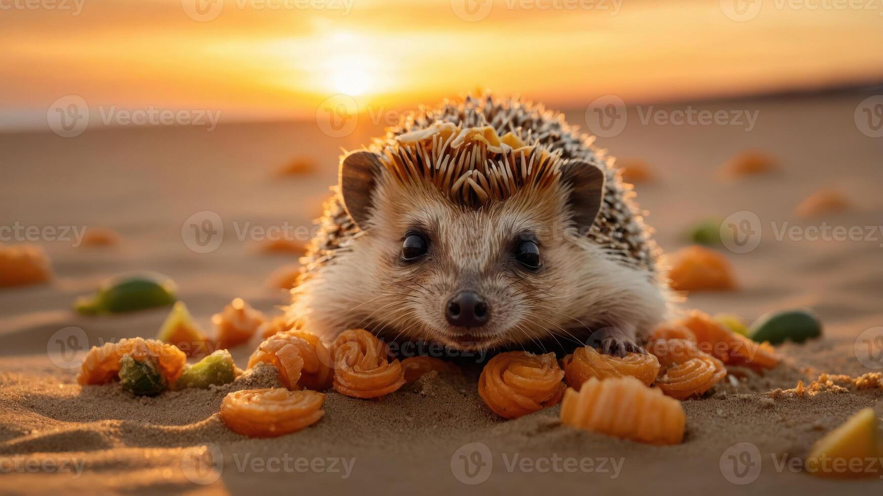 A hedgehog surrounded by colorful snacks on a sandy beach at sunset. photo