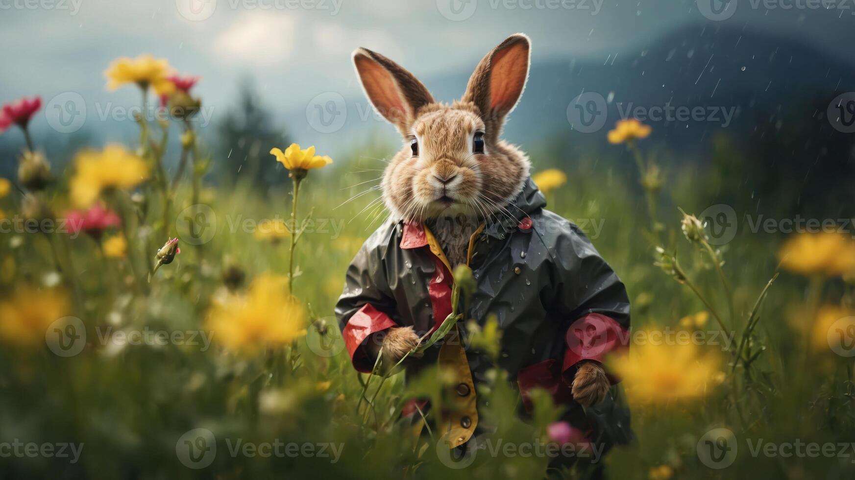 A whimsical rabbit in a raincoat stands in a colorful flower field under a cloudy sky. photo