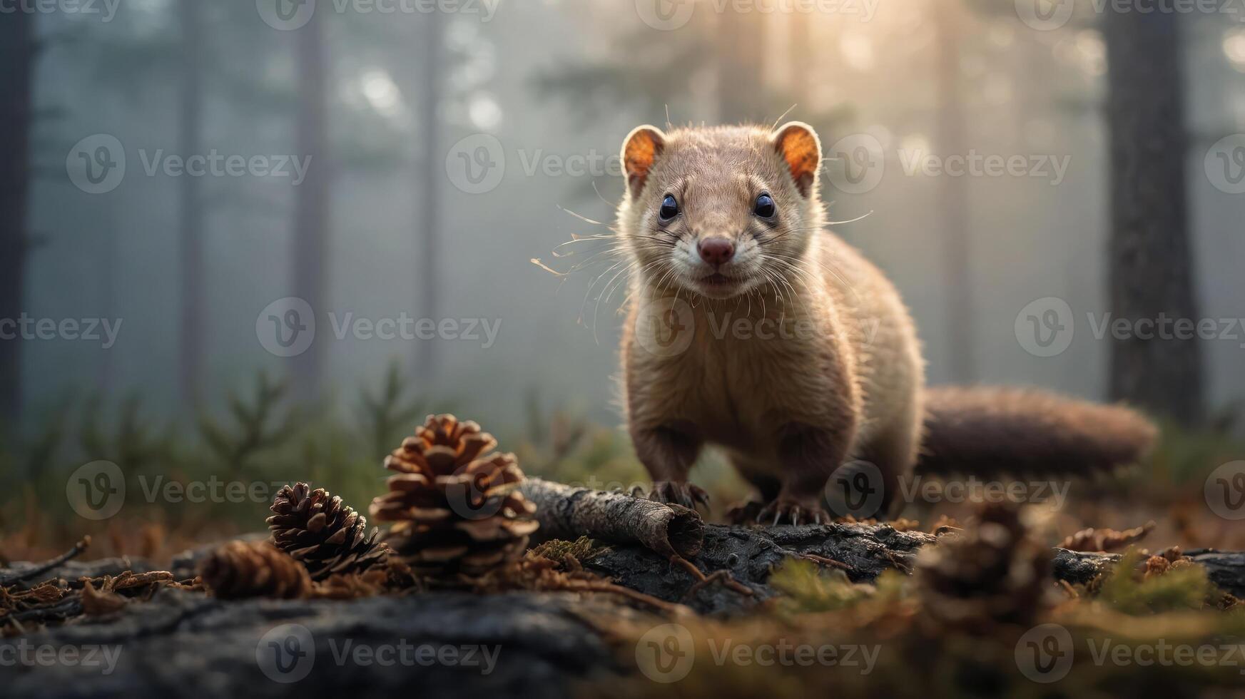 A marten stands in a misty forest, surrounded by pine cones and soft sunlight. photo