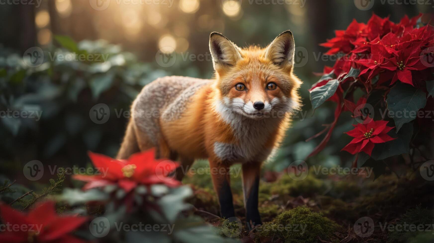 A fox stands among vibrant poinsettias in a serene forest setting. photo