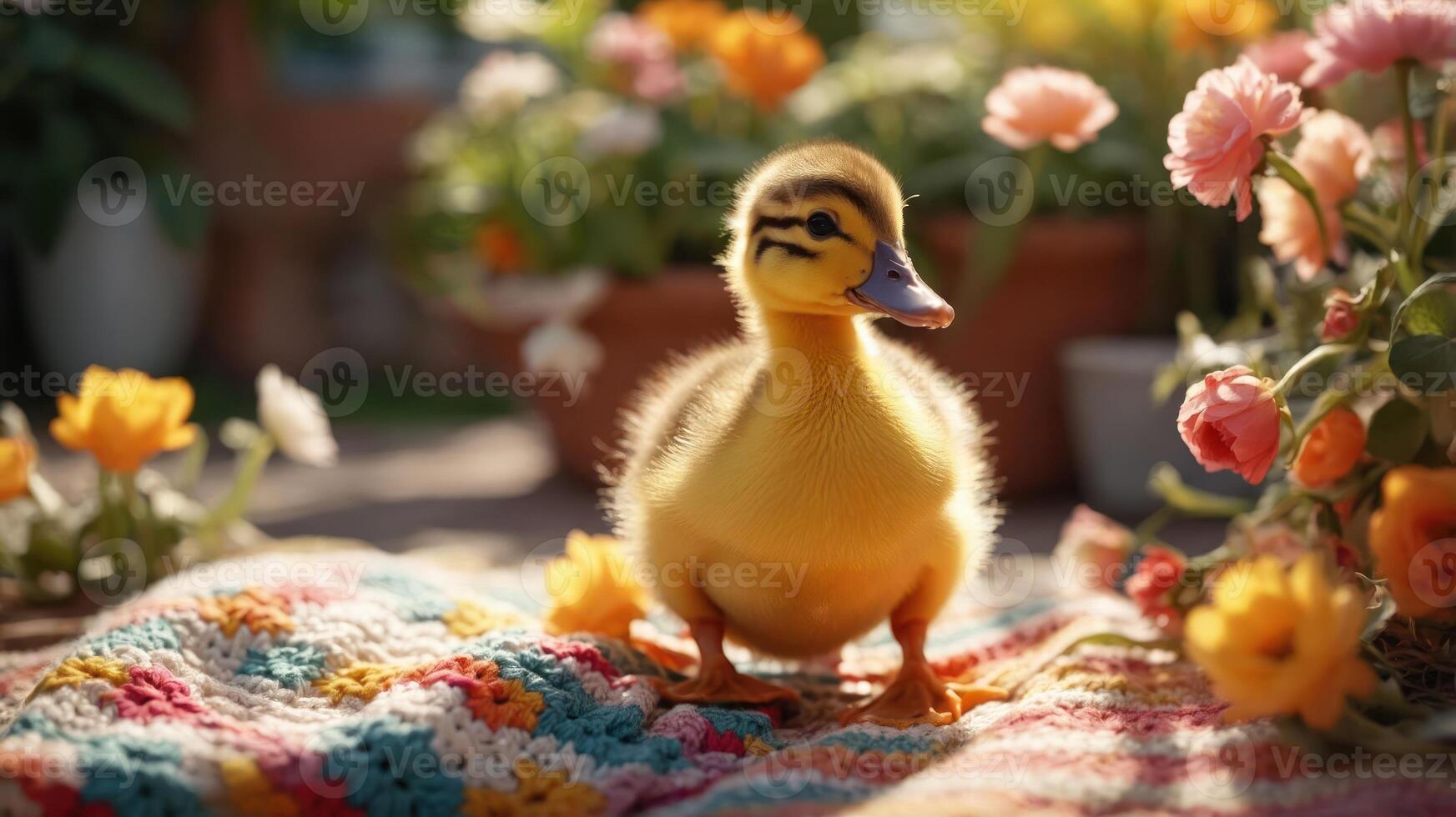 A cute yellow duckling stands on a colorful blanket surrounded by vibrant flowers. photo