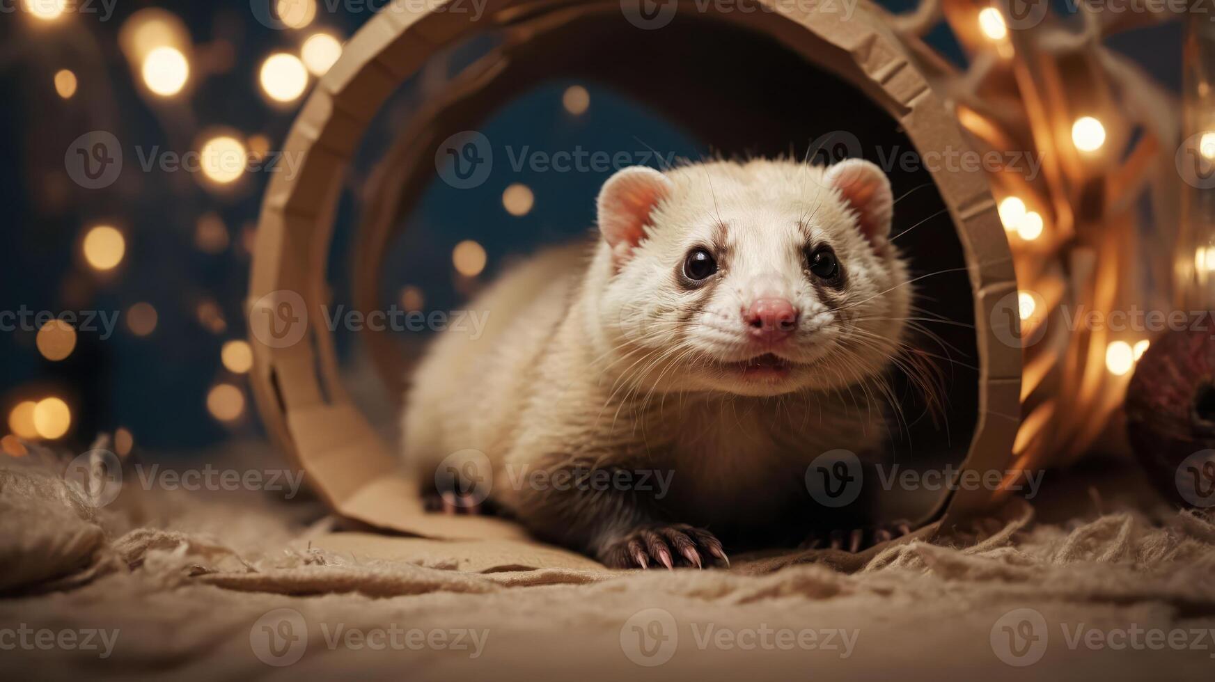 A playful ferret peeks out from a cardboard tunnel, surrounded by soft lighting. photo