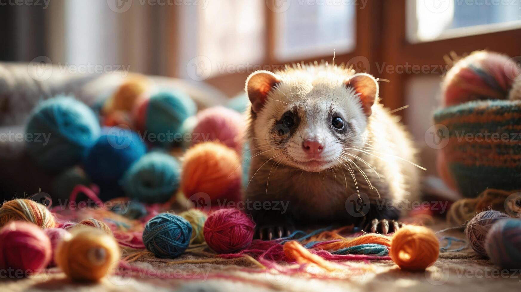 A playful ferret surrounded by colorful yarn balls in a cozy setting. photo