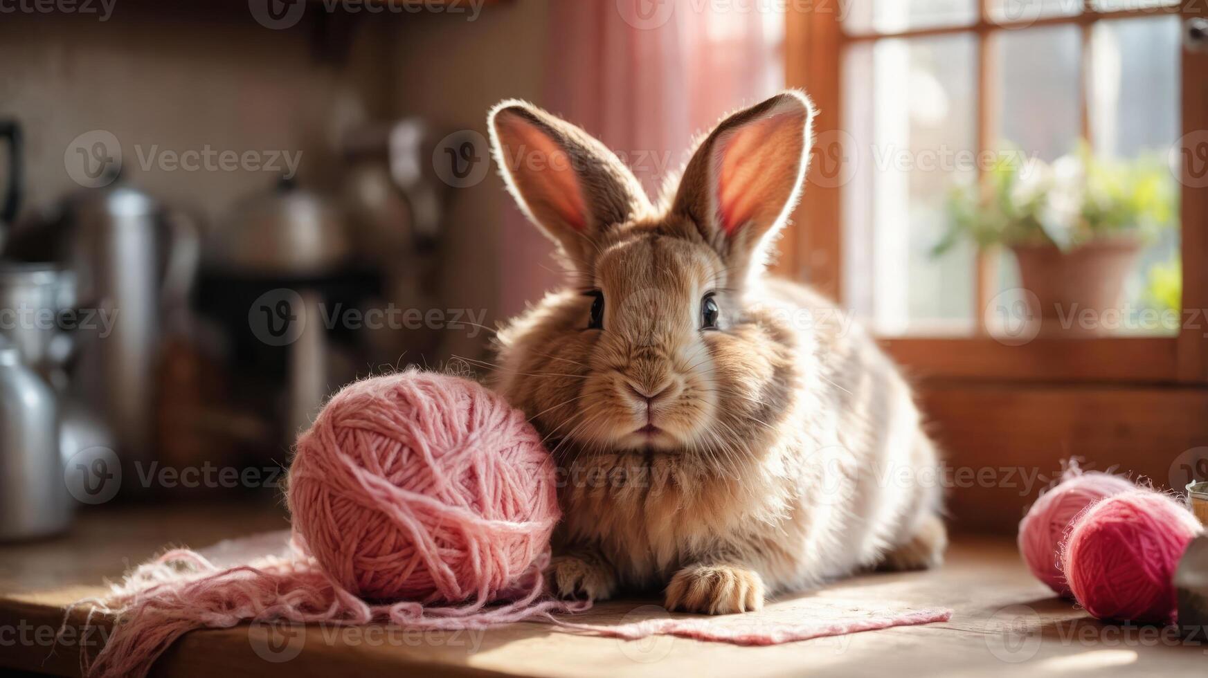 A cute rabbit resting beside pink yarn in a cozy, sunlit kitchen. photo