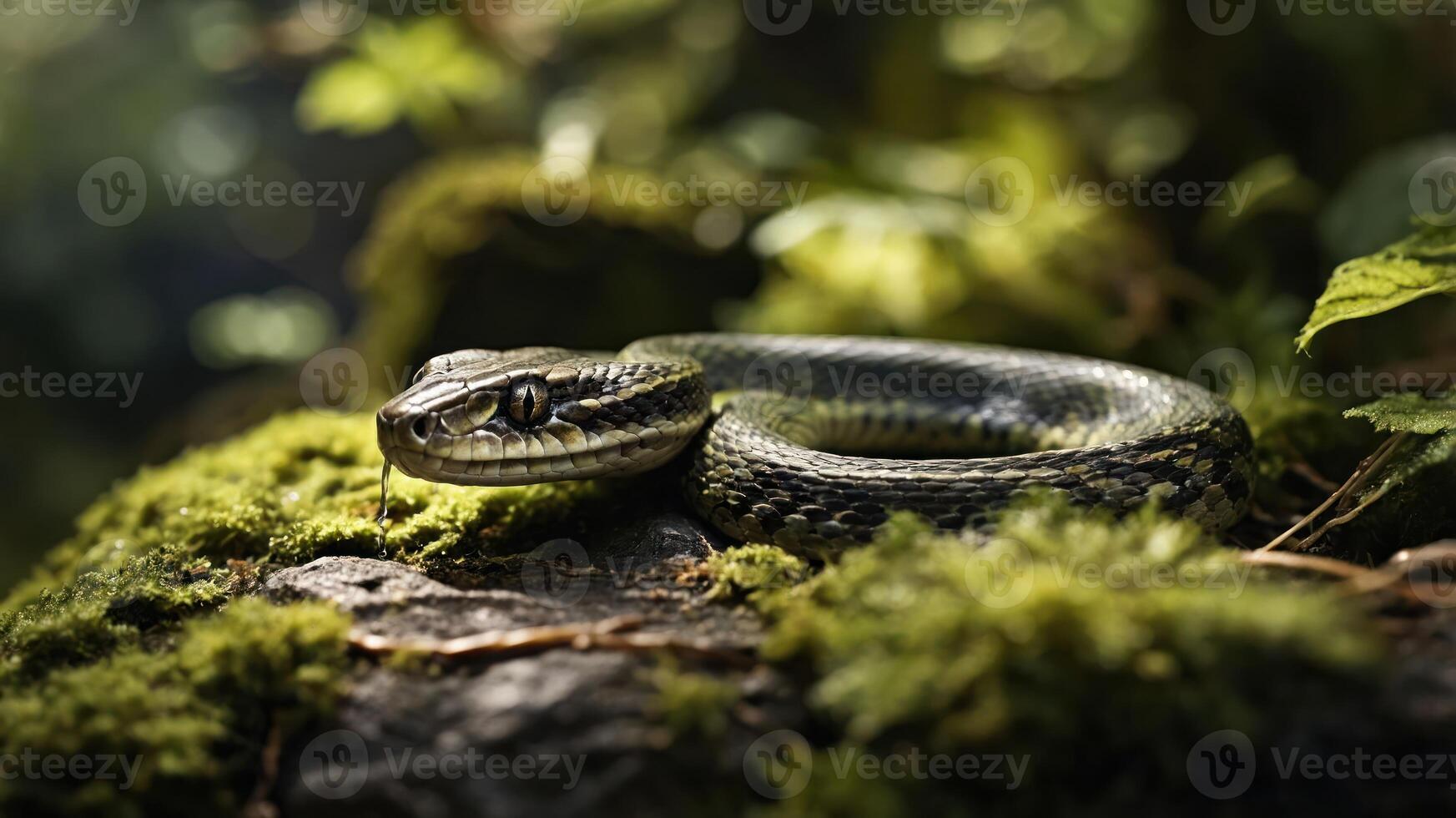 A close-up of a snake resting on mossy rocks in a lush environment. photo