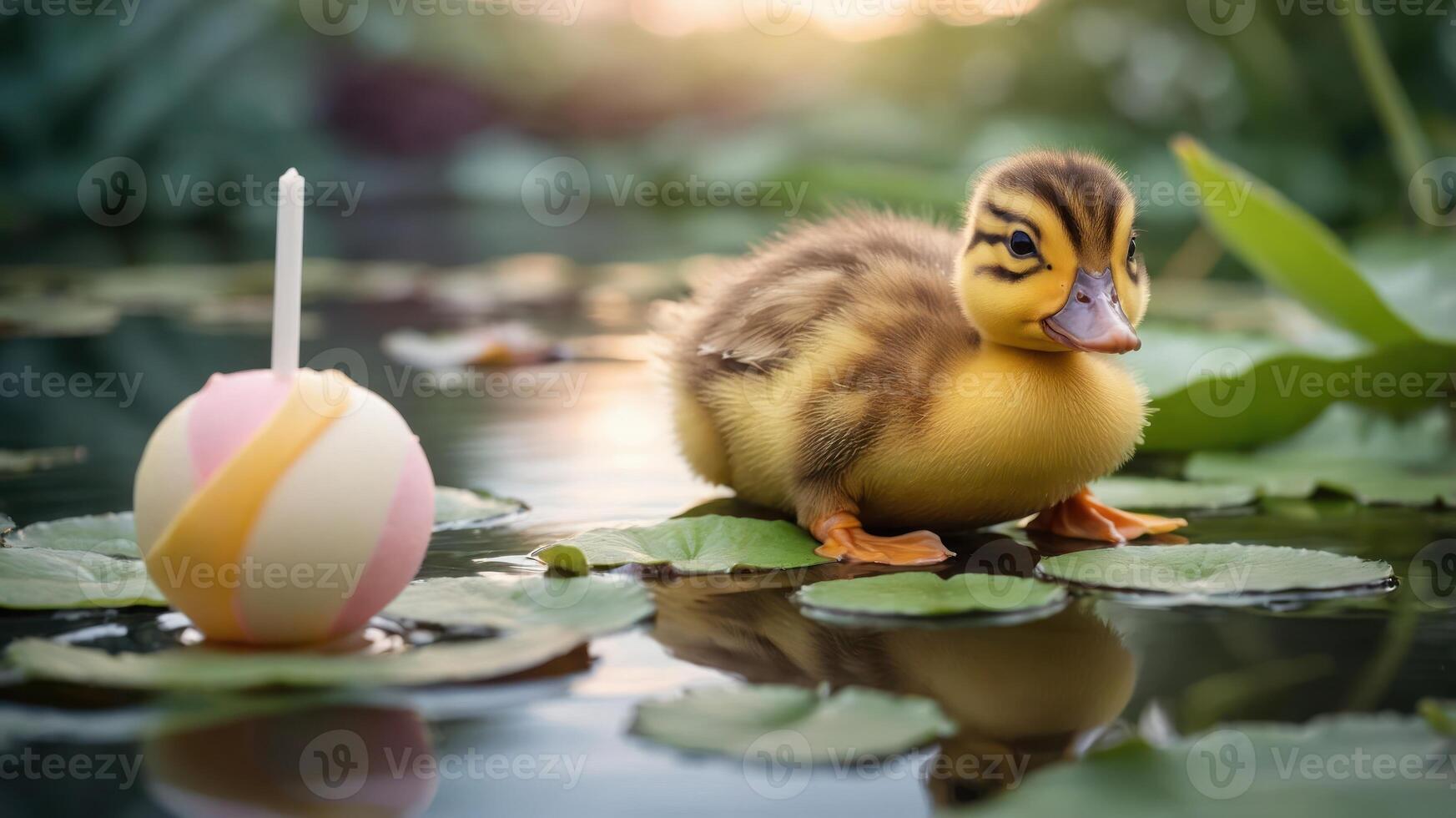 A cute duckling sits on lily pads beside a colorful decorative cake pop in a serene pond. photo