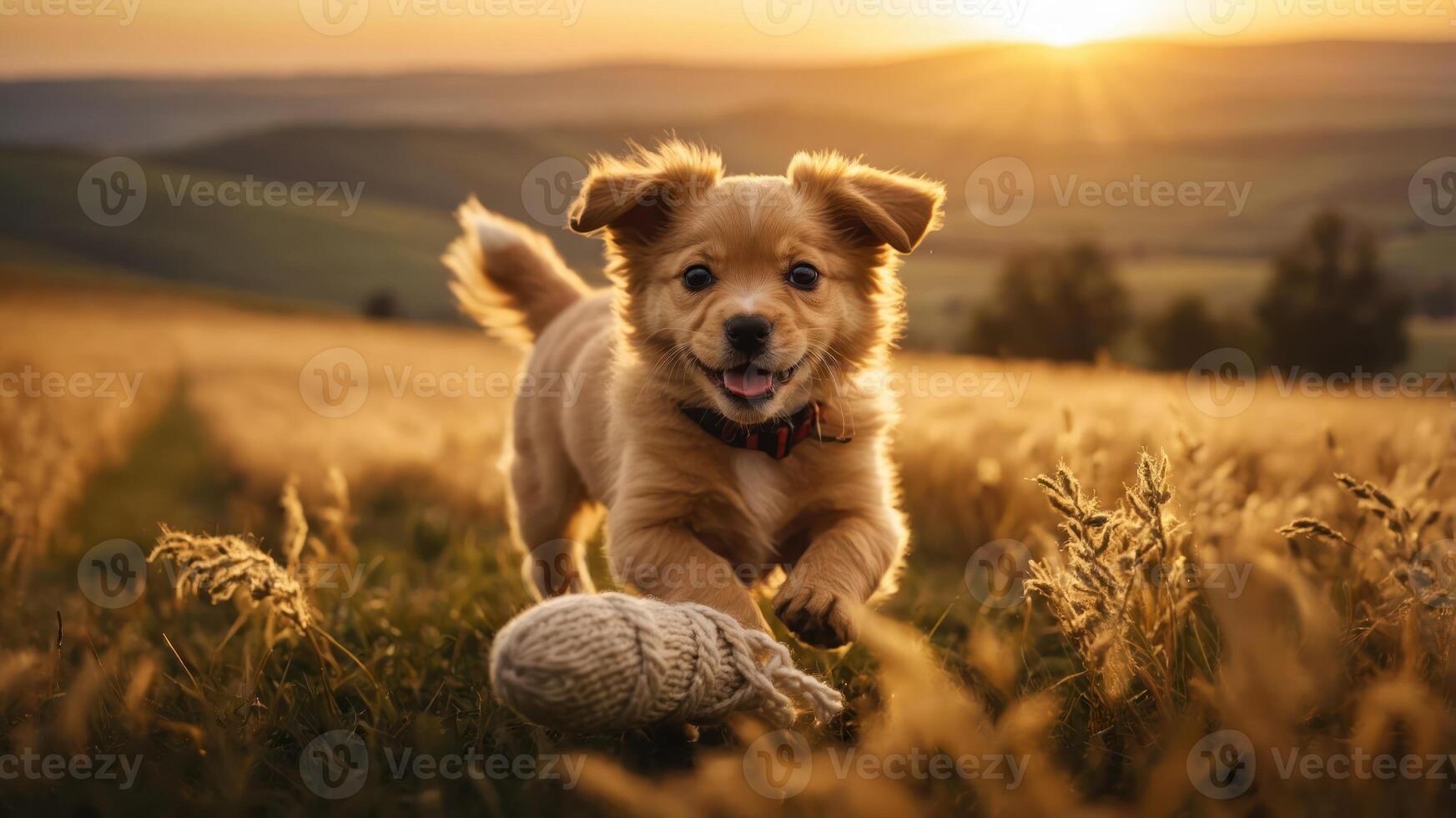 A playful puppy running through a golden field at sunset, capturing joy and nature's beauty. photo