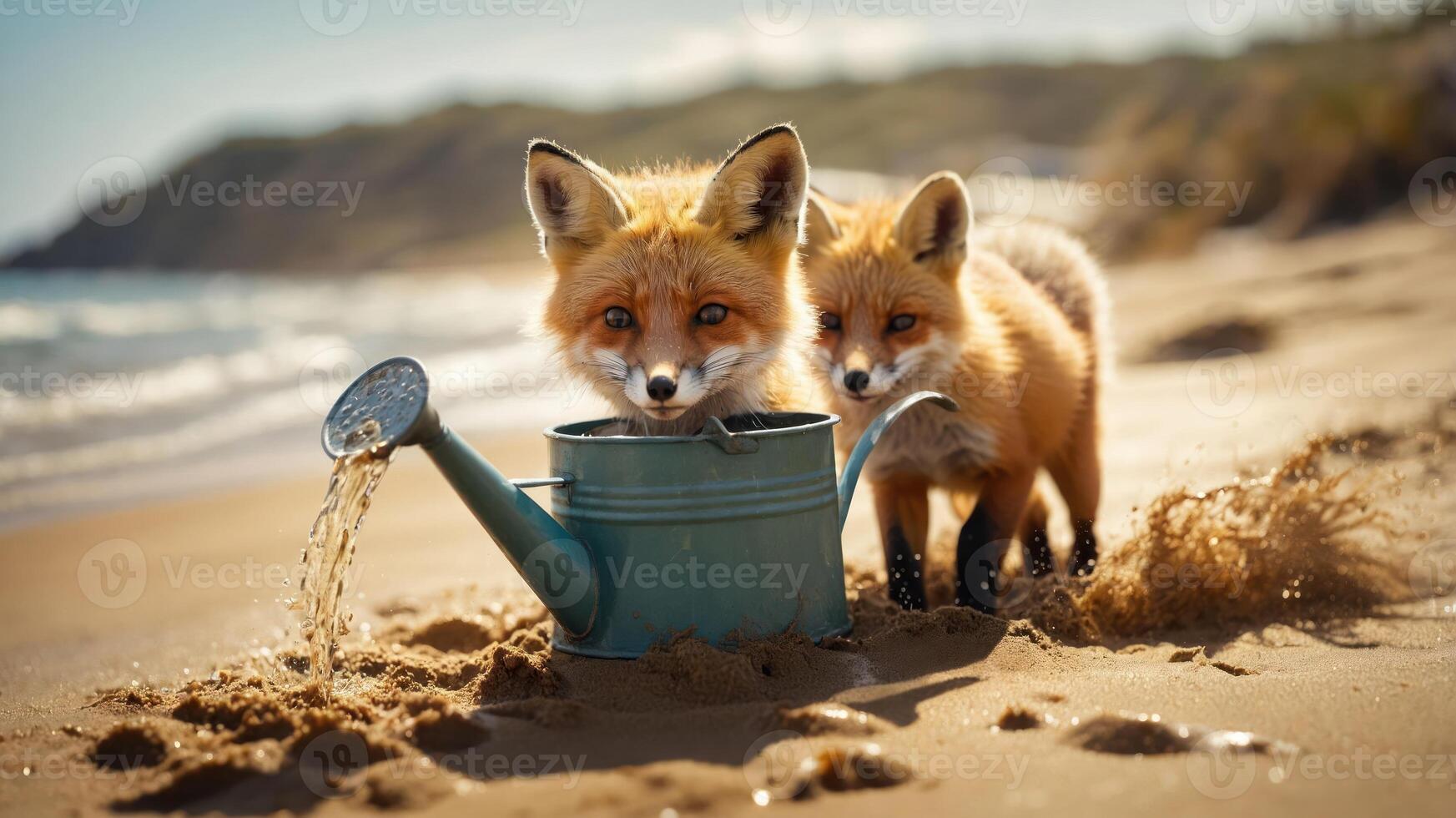 Two foxes playfully interacting with a watering can on a sandy beach. photo