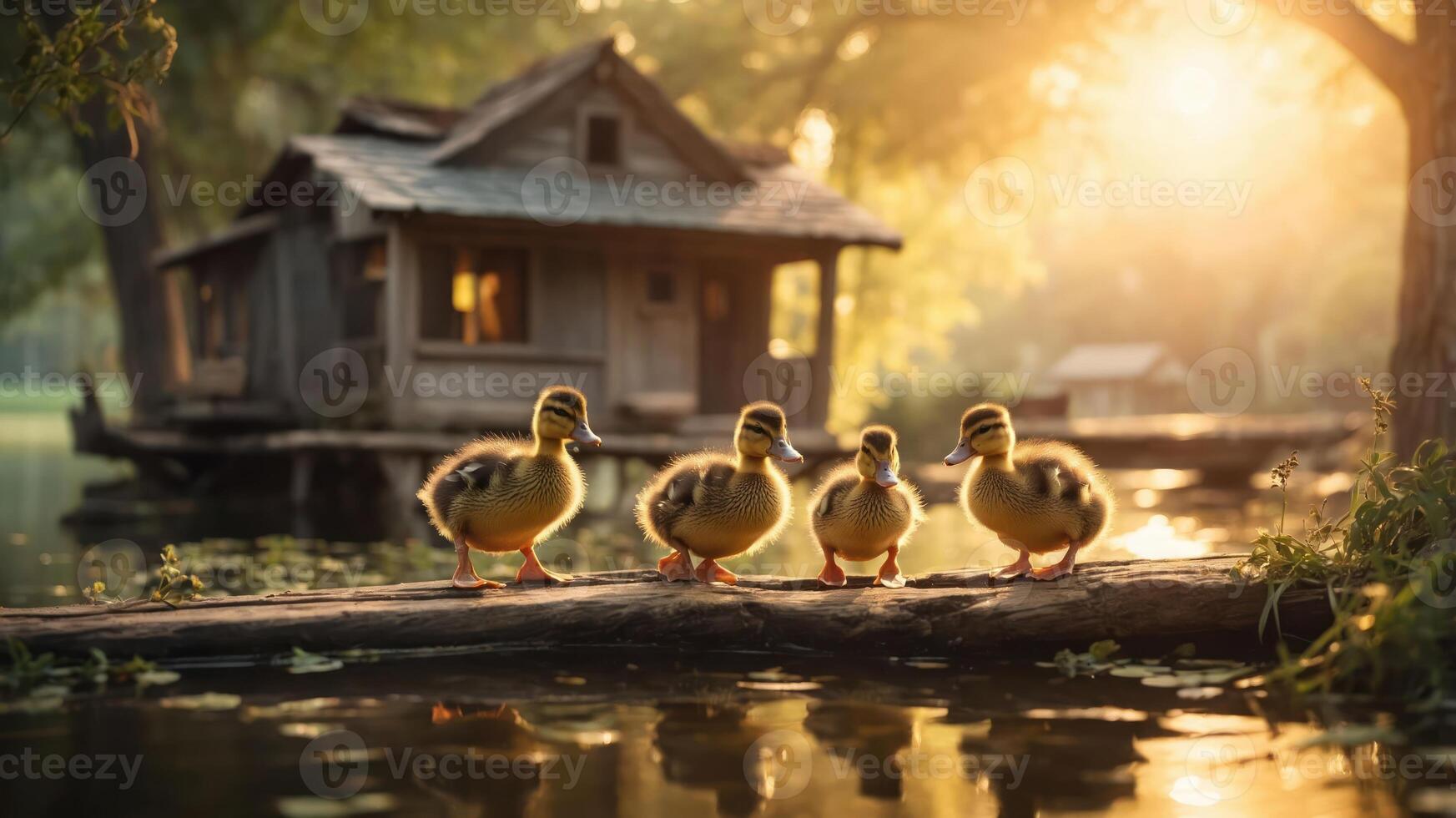 Four ducklings resting on a log near a rustic cabin at sunset. photo