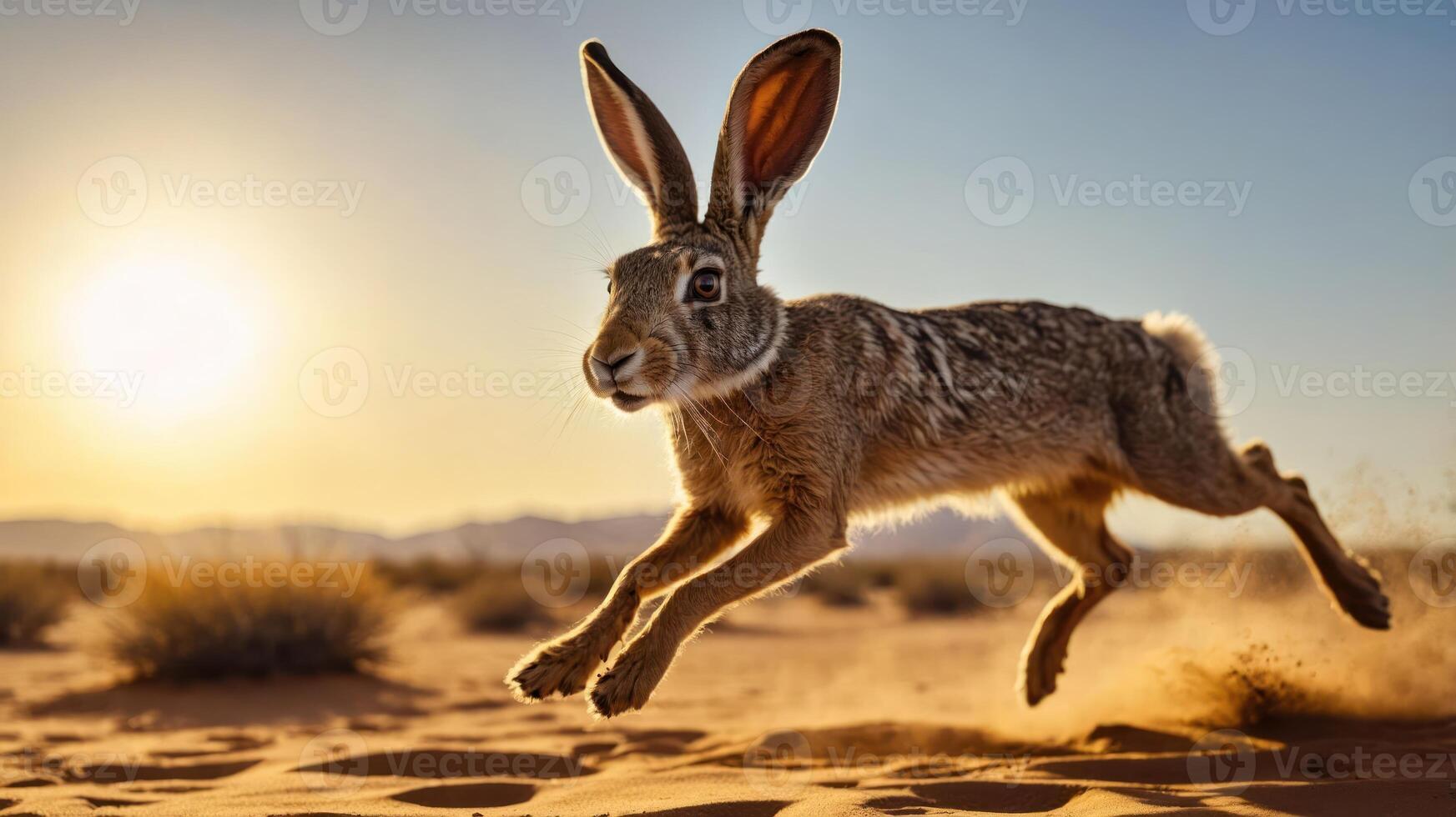 A hare leaps gracefully across a desert landscape at sunset, showcasing its agility and beauty. photo