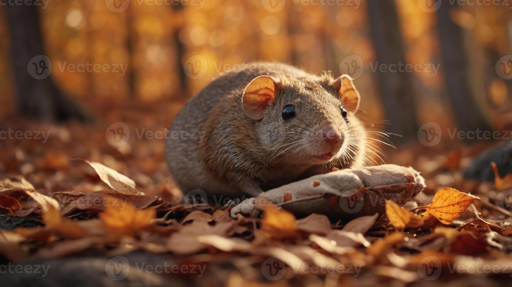 A close-up of a rodent in a forest during autumn, surrounded by fallen leaves. photo