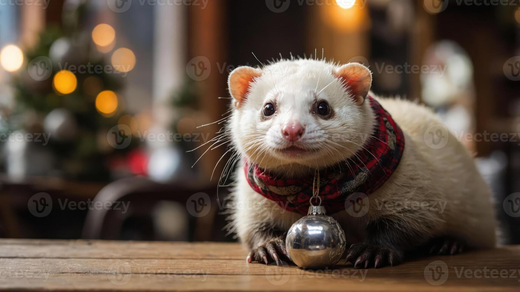 A cute ferret wearing a collar with a bell, resting on a wooden table in a cozy setting. photo