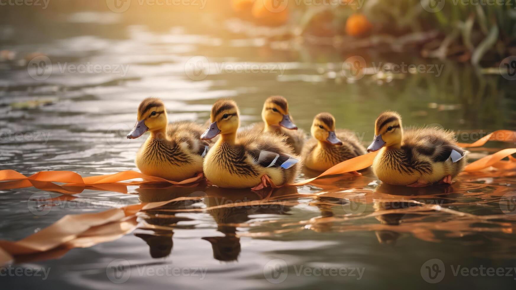 A group of ducklings swimming in a serene pond with orange ribbons. photo